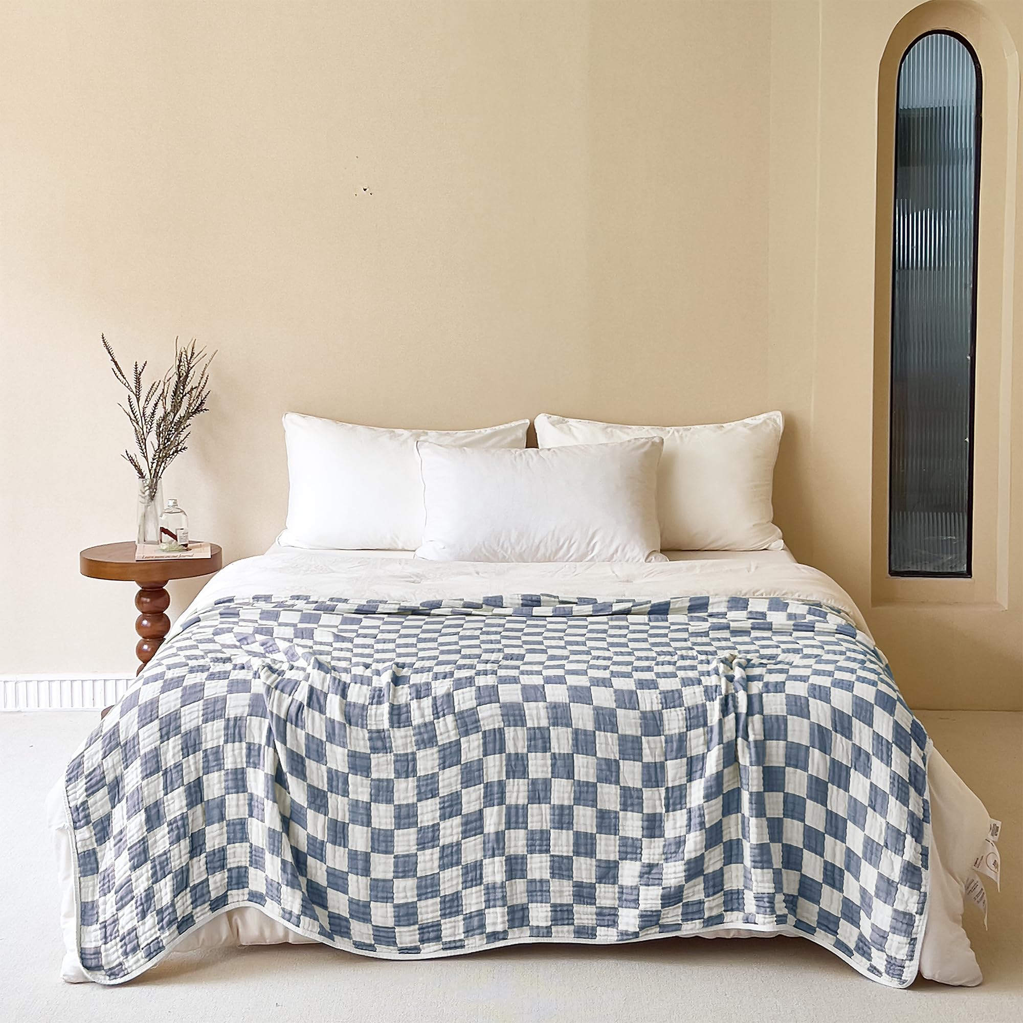 Photo 1 of 6-Layer Gauze Muslin Blanket 100% Cotton Blue Checkerboard Queen Size 90"x90" Cooling Throw Blanket Lightweight Soft and Breathable Cozy Blanket Bed Coverlet Both Sides (Blue Checkerboard, Queen)