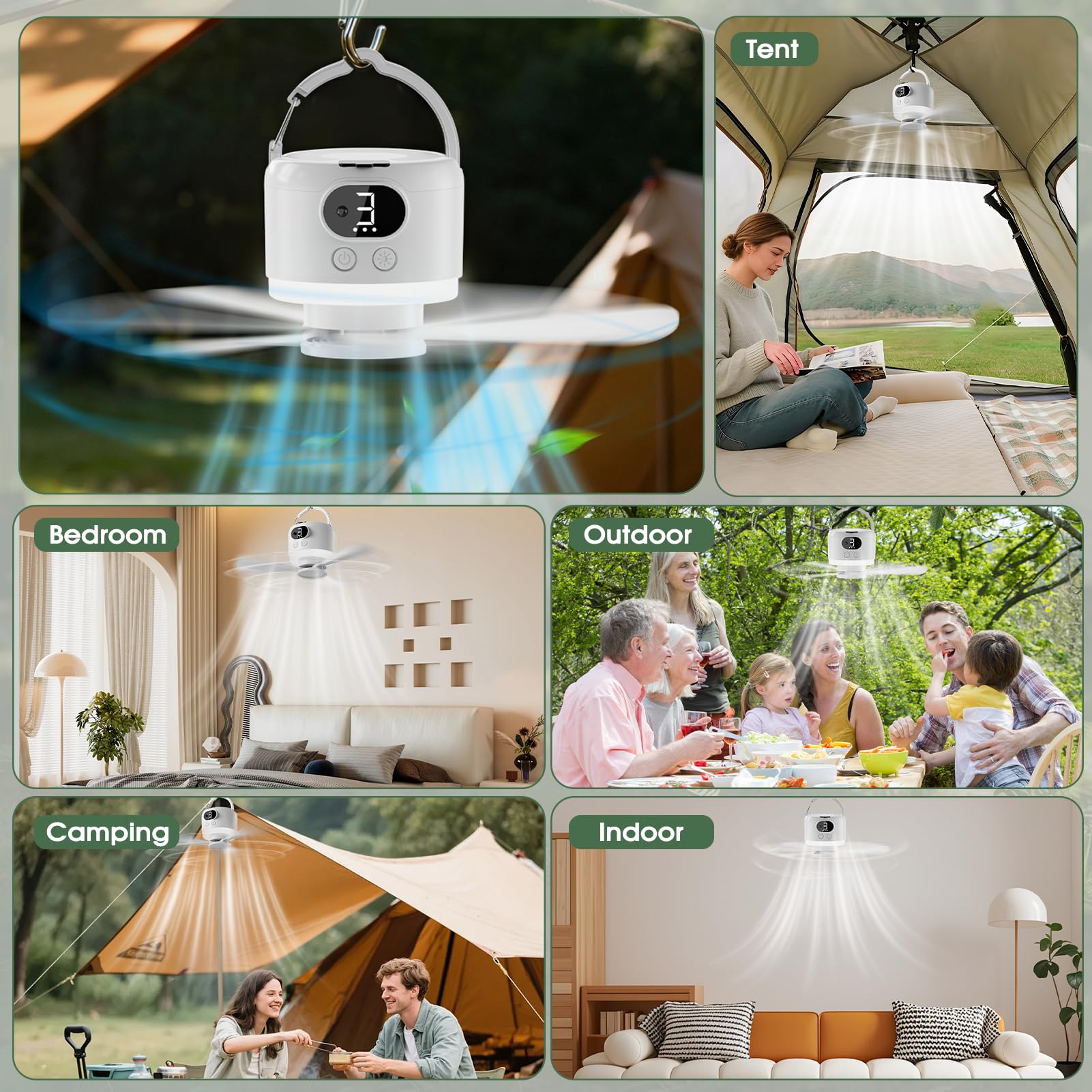 Ventilatore da Campeggio con Luce LED, 10400 mAh Ricaricabile tramite USB Ventilatore per Tende da Campeggio, Autonomia di Funzionamento 8-36 Ore, Telecomando, 3 Velocità, 3 Livelli di Luminosità, Pal