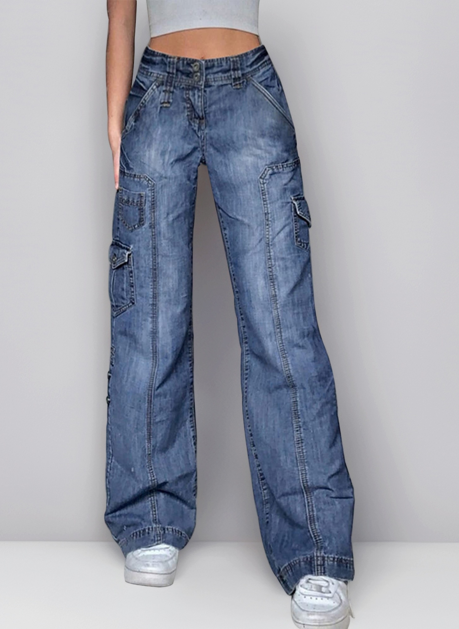 Y2k Grunge Jeans Cyber Clothes Women Flared Wide Leg Cargo Jeans Multi Pockets Baggy Denim Pants