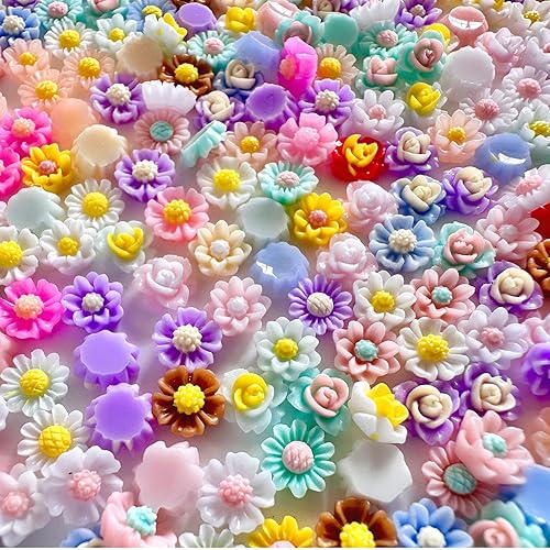 TBFYS 400PCS Flatback Resin Flower Charms Beads for Crafts,Mini Cabochon Charms Mixed Colors Flower Resin Slime Charms Bulk for Nail Art Scrapbooking Decor