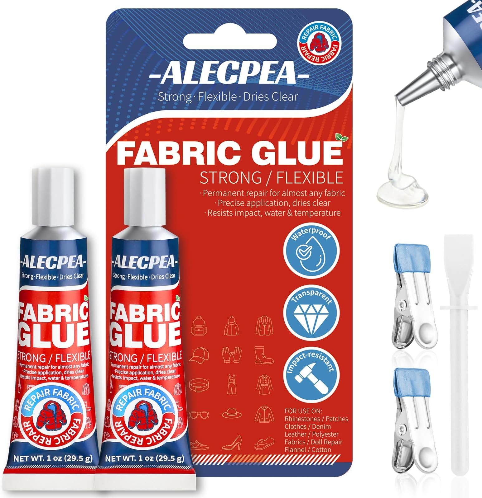 ALECPEA Permanent Fabric Glue Washable, 2-Pack Liquid Stitch for Clothing, Professional Gel Adhesive for Patches, Rhinestones & DIY Crafts, Includes 2 Clips & 1 Stirring Stick, 29.5g x 2