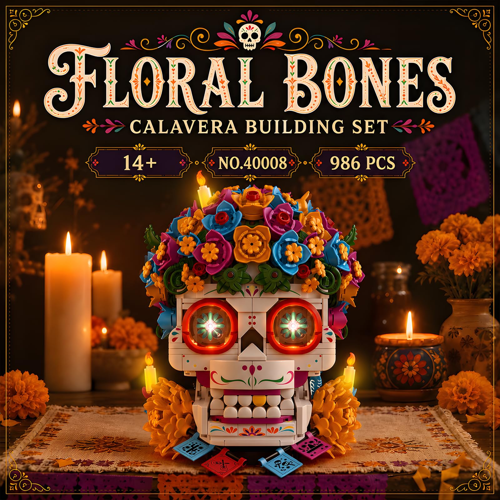JMBricklayer Calavera Zuckerschädel Totenkopf Klemmbausteine mit LED 40008 | 986PCS Calavera Día de los Muertos Blumen Deko Bausatz mit LED Augen, 3 Kerzen & Gedenkaltar. Für Erwachsene ab 14