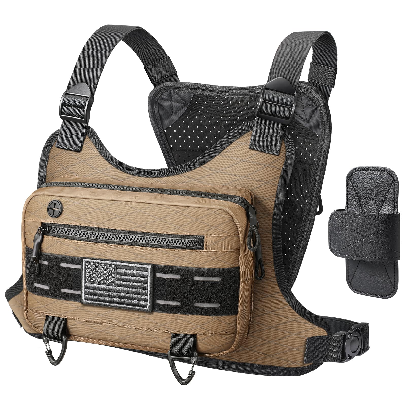 RXW Outdoor Sport Chest Rig for Men Women, Running Vest Bag with Pack Holster, Chest Pack Built in Phone Holder for Cycling, Camping,Travel, Hiking, Workouts, EDC（Brown）