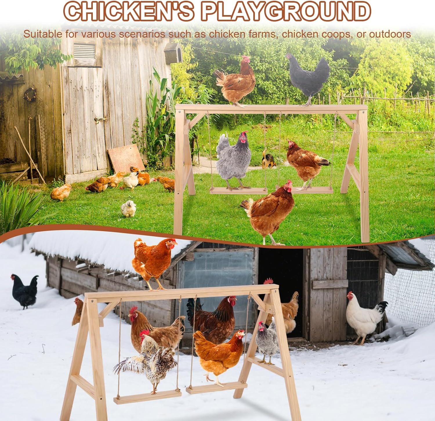 Pine Wood Chicken Roosting Bars with 2 Swings – Weather‑Resistant Poultry Perch for 6–8 Chickens – Backyard Coop Accessories & Comfortable Outdoor Play Station