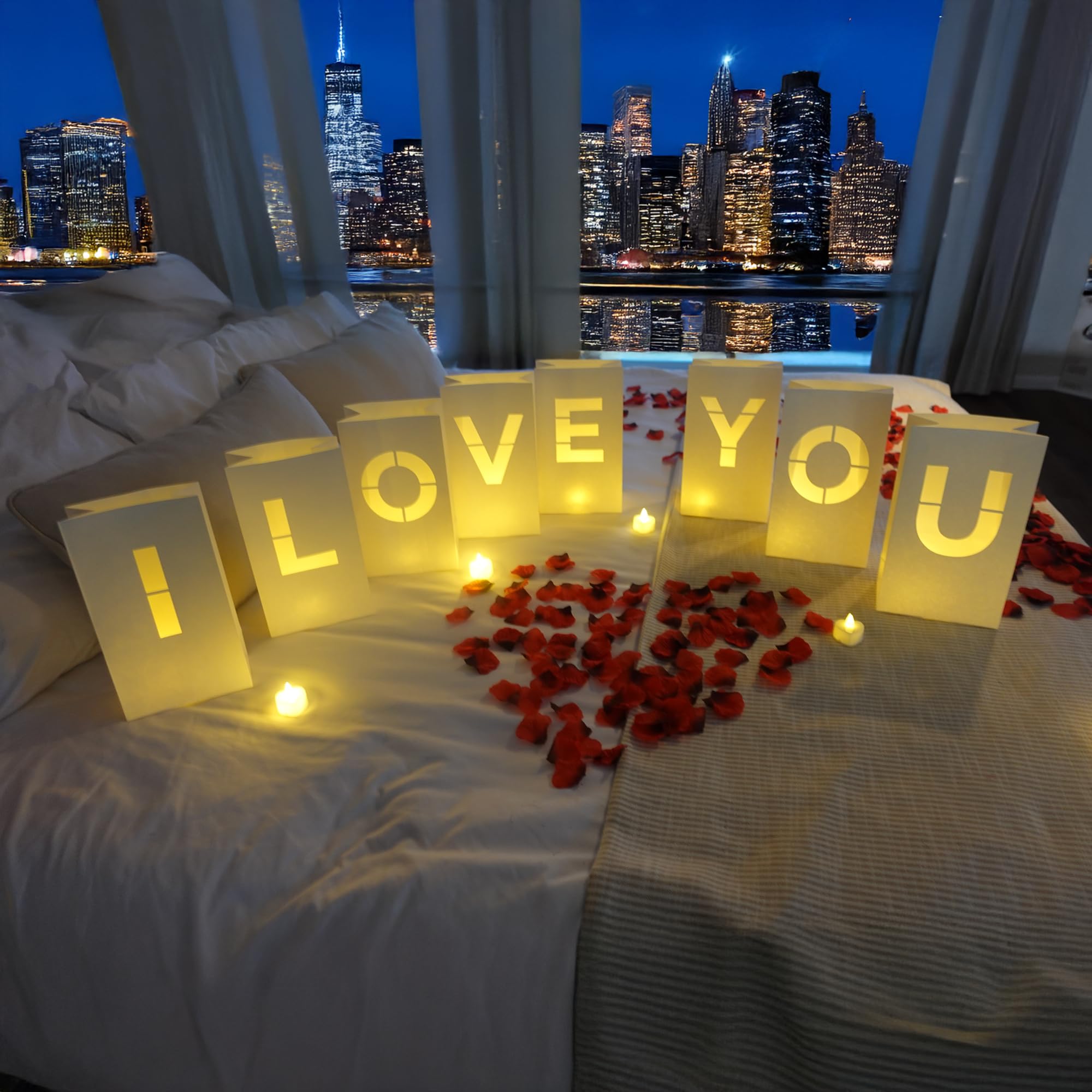I Love You Luminary Bags with LED Tea Light Candles, Balloons, and Rose Petals – Romantic Decorations for Proposals, Anniversaries, and Special Moments