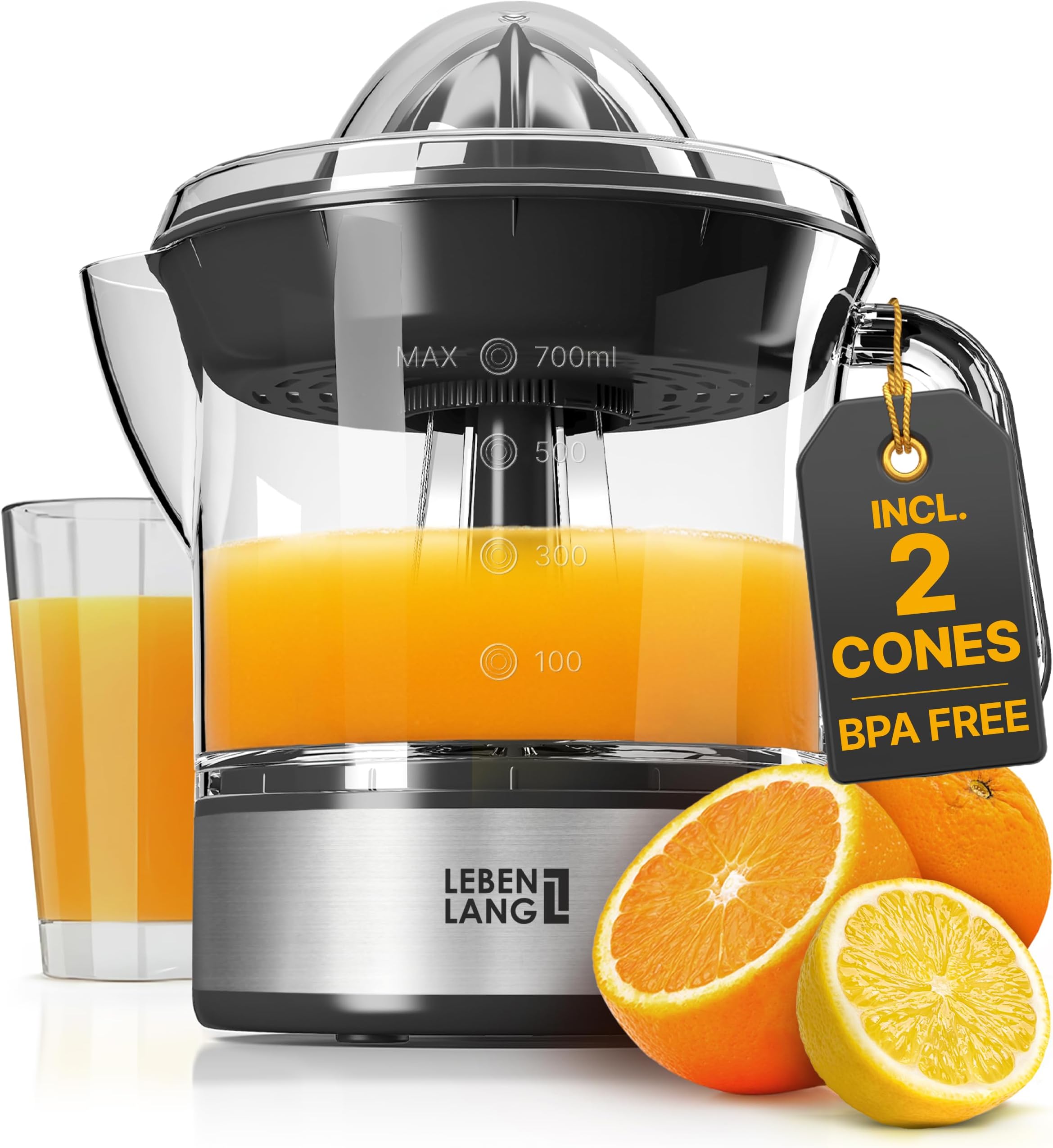 LEBENLANG โ Electric juicer max juice yield | Citrus juicer + 2 cones 40W | Lemon, lime, orange, fresh fruit squeezer machine | Automatic lever press extractor | exprimidor de naranjas electrico