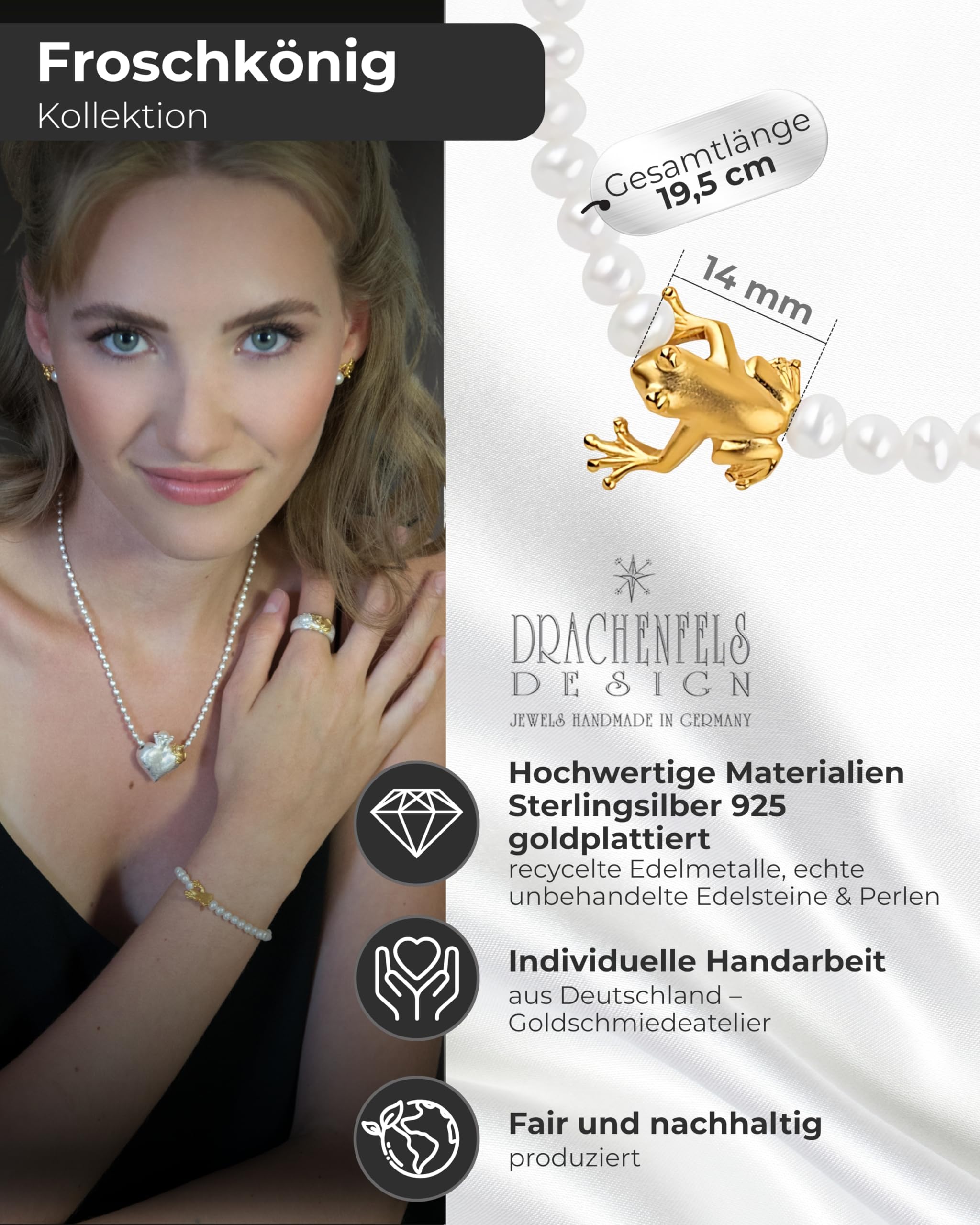 Drachenfels Froschkönig Armband I Perlen-Armband aus echten Süßwasserperlen & goldplattiertem 925 Sterling Silber I Perlenarmband inkl. Verpackung I In Goldschmiedequalität gefertigt I D FR 81/AGG