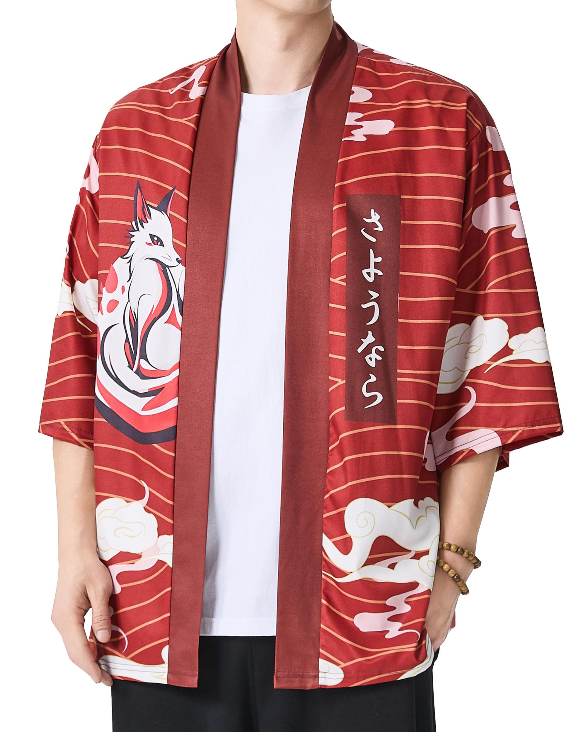 PRIJOUHE Men's Japanese Kimono Cardigan Jackets Casual Long Sleeve Open Front Coat Lightweight Yukata Outwear