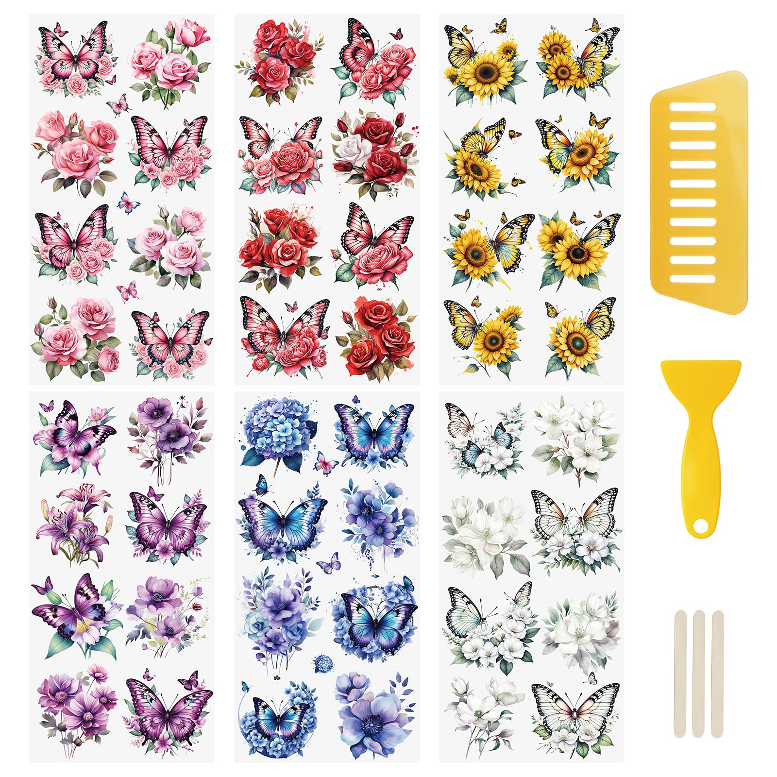 WANDIC 6 hojas de calcomanías de transferencia, calcomanías de flores de mariposa, impermeables, para álbumes de fotos, tarjetas de felicitación