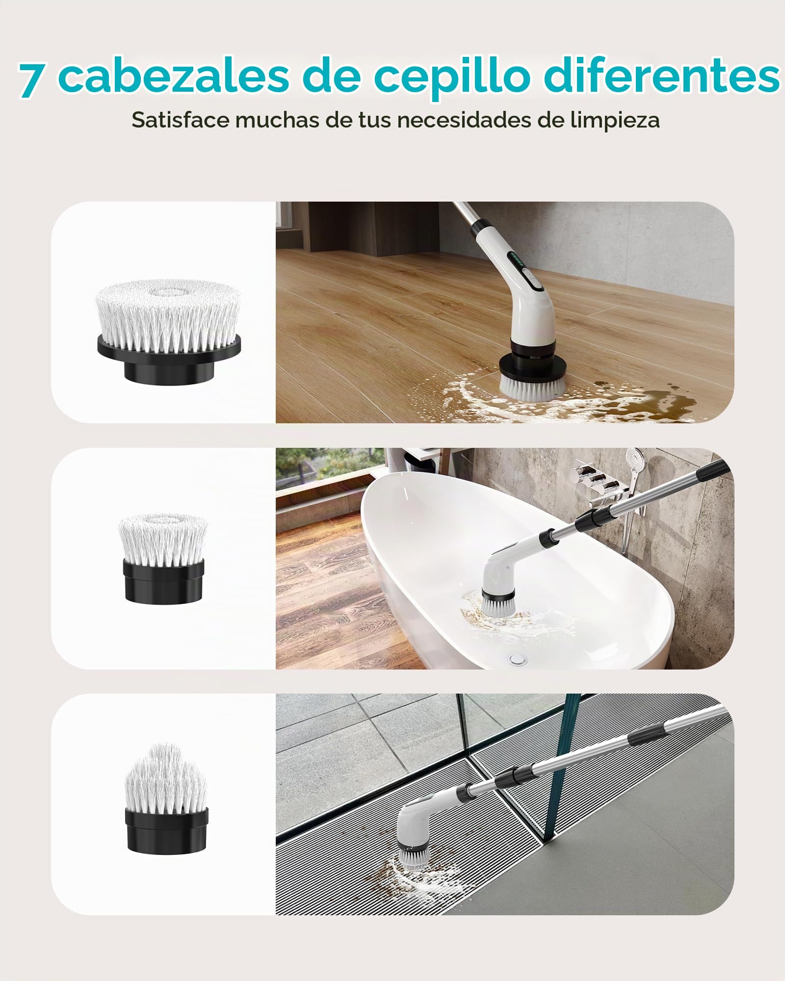 Cepillo De Limpieza Electrico: Limpiador Giratorio Eléctrico con 7 Cabezales De Cepillo De Repuesto - Fregadora Giratoria Hogar - Baño Brush 2 Velocidades Ajustables con Mango Extensión Ajustable