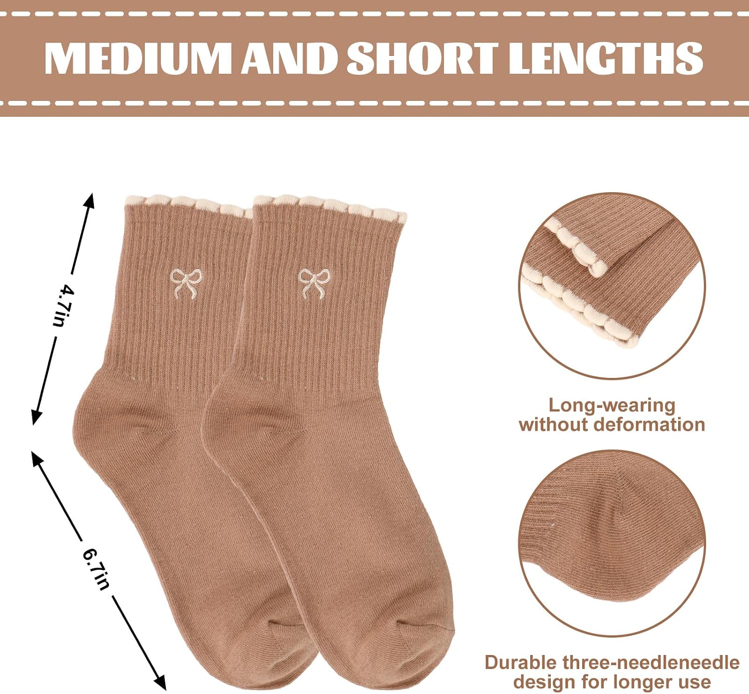 JarThenaAMCS 3 Pair Bow Ruffle Sock Embroidered Crew Cotton Sock, 3 Color image 3