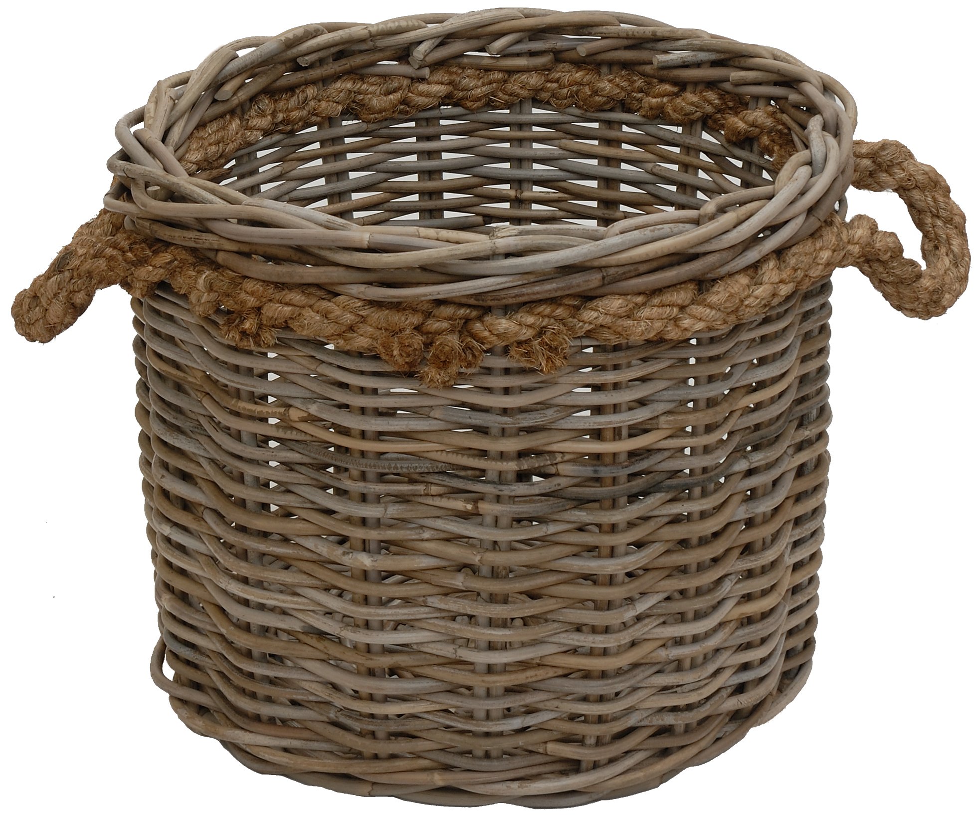 korb.outlet Duży kosz na rośliny, kosz drewniany, okrągły, szary, naturalny rattan, z krawędzią linkową/ozdobna doniczka z rattanu (średnica XL 50 cm)