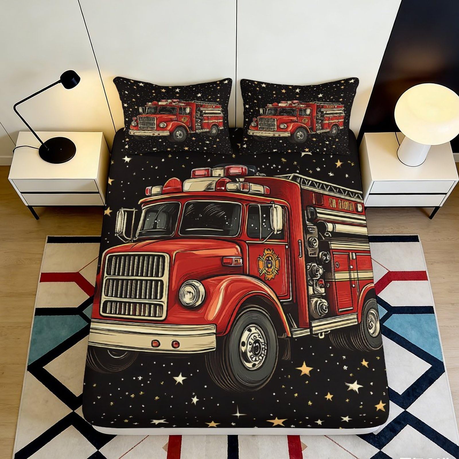 3D Printed Fire Truck Fitted Sheet Microfiber Deep Pocket Non-Slip Bedroom Bedding Fire Truck Mattress Fitted Cover 200x200x25cm