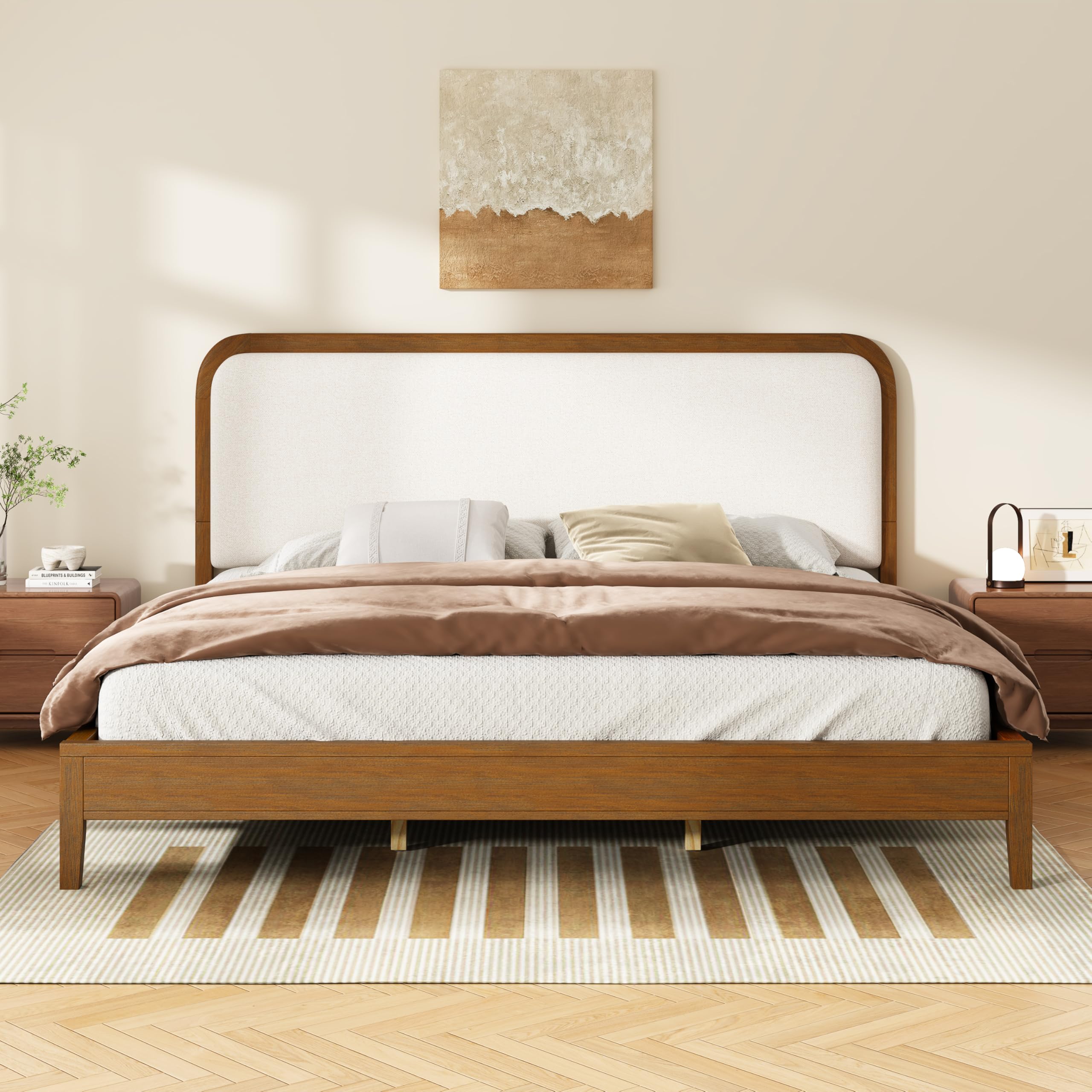 Photo 1 of Christopher Knight Home Archer Upholstered King Size Bed Frame with Headboard, Modern King Bed Frame and Headboard, Wooden Slats Support, Easy Assembly, No Box Spring Needed, Beige+Brown