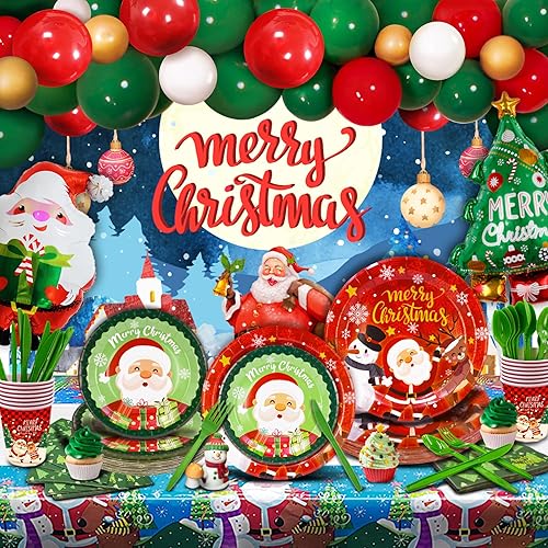 Miniatura 1 de Party Spot! Juego de 246 piezas de decoración de fiesta de Navidad, juegos de vajilla para 24 invitados, globos de papel de Navidad de Papá Noel,