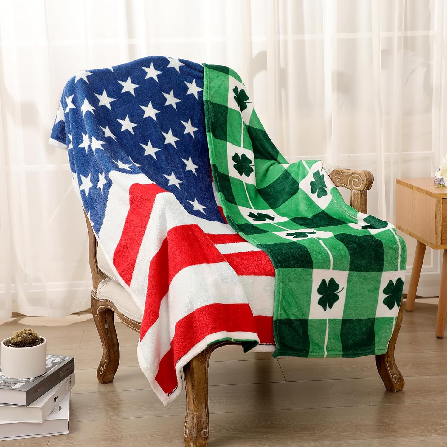 2 Pcs St. Patricks Day Patriotic US Flag Blanket and Easter Conversation Heart Throw Blanket Reversible Double Sided 50 x 60 in Flannel Interchangeable Seasonal Blankets Room Decor - Image 3