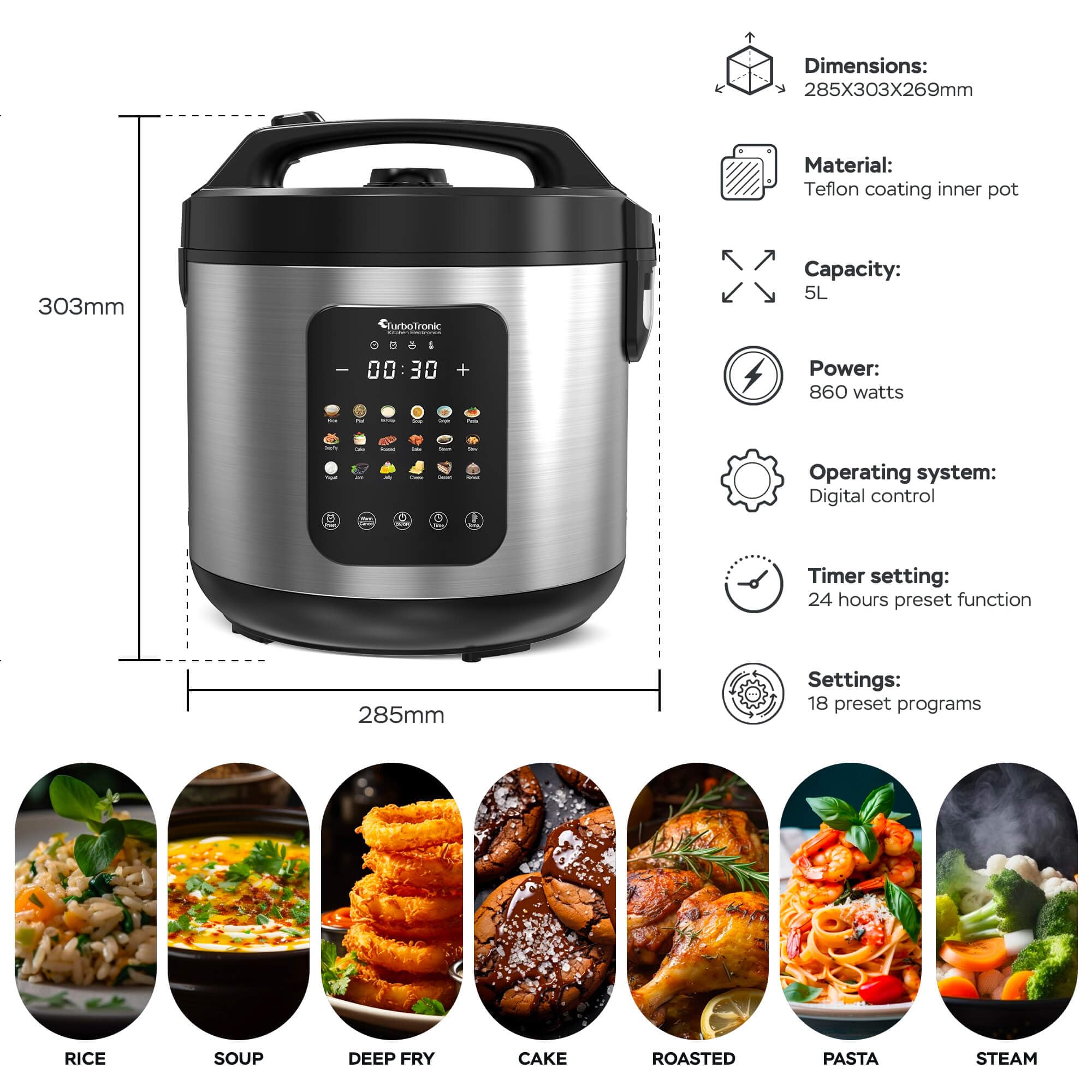 TurboTronic MultiKocher DMC18 neues 2024 Modell 5L mit Schongarer 860W Elektrisch, Dampfgarer, Reiskocher, Slow Cooker & 18 Programme, Milchreis, Multivarka (Silber)