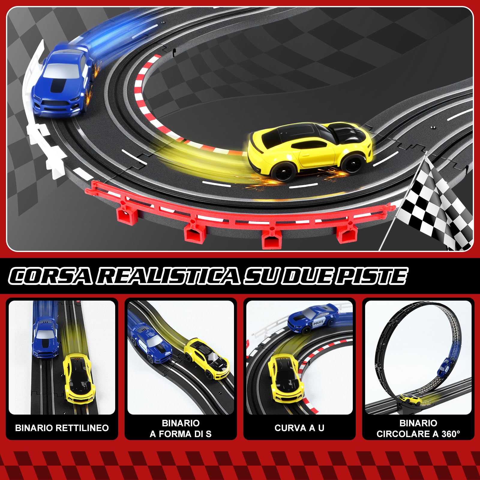 YOOHBERRYS Pista Macchine Telecomandate, 1:64 Piste Elettriche Piste Auto Con 2 Macchine, USB, Comandi, Contatore, Passaggio A 360°, Giocattoli Regali Piste da Corsa Bambini 3 4 5 6 7 8 Anni (308CM)