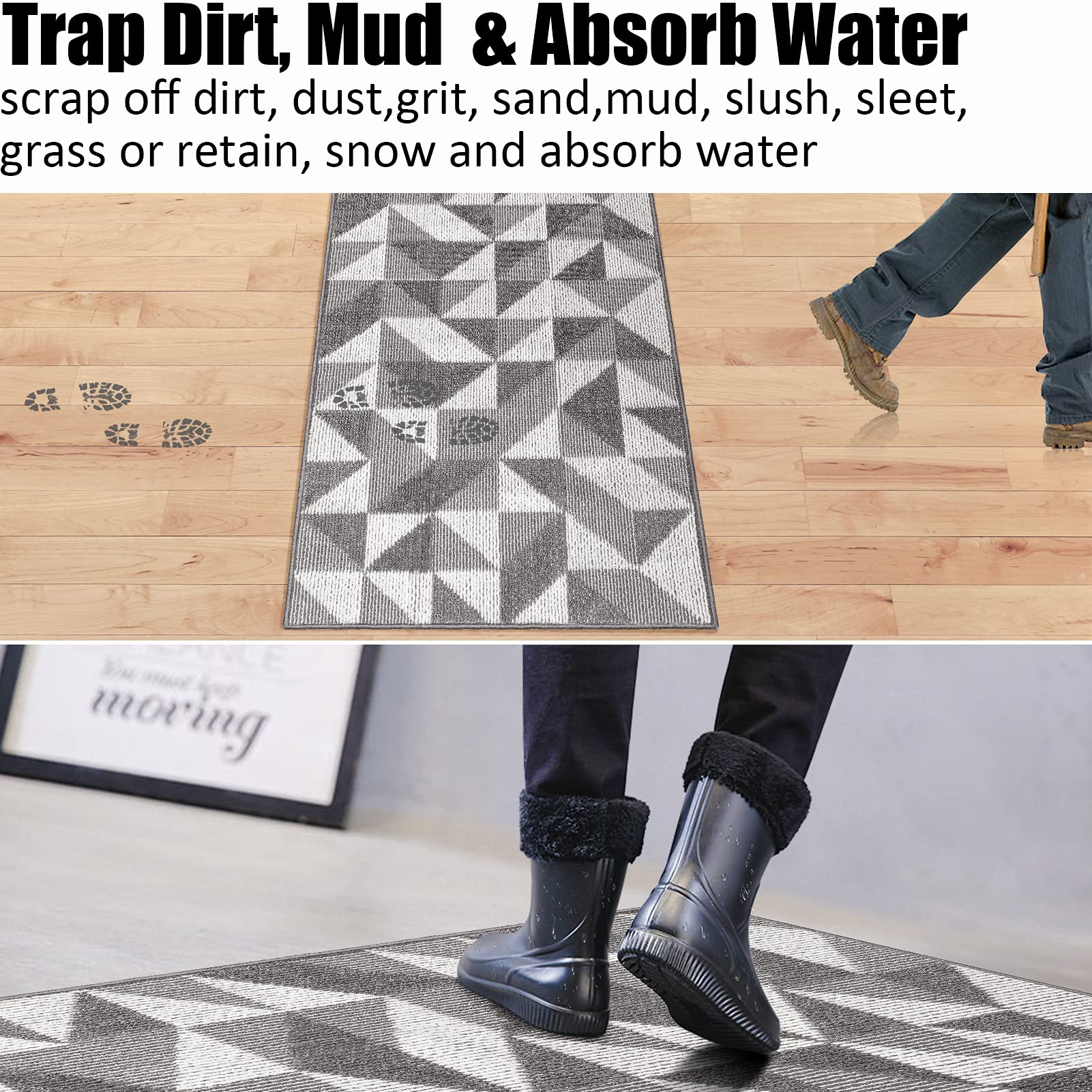Indoor Doormat 36"x 59", Absorbent Front Back Door Mat Floor Mats, Rubber Backing Non Slip Door Mats Inside Mud Dirt Trapper Entrance Front Door Rug Carpet, Machine Washable Low Profile-Grey Geome