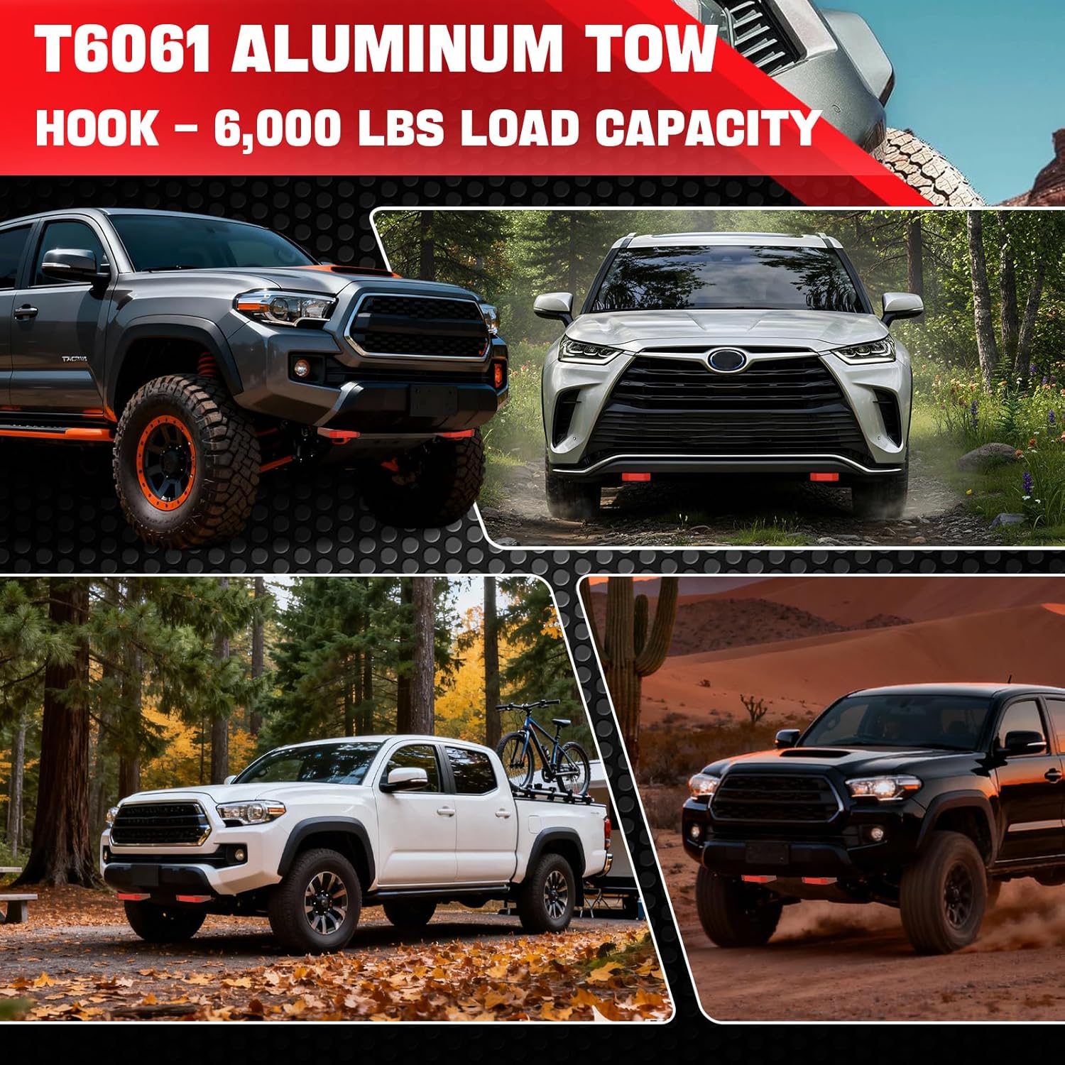 Front Tow Hook, T6061 Aluminum Alloy, 6000lbs Load, Heavy Duty Recovery Points Compatible with 2024-2026 & 2025-2026 Truck Accessories