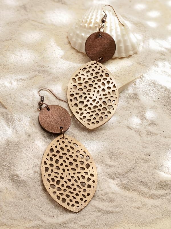 MINACHI Vintage Boho Tan Leather Cut-Out Oval Disc Dangle Drop Earrings by MINACHI - Used condition - Image 3