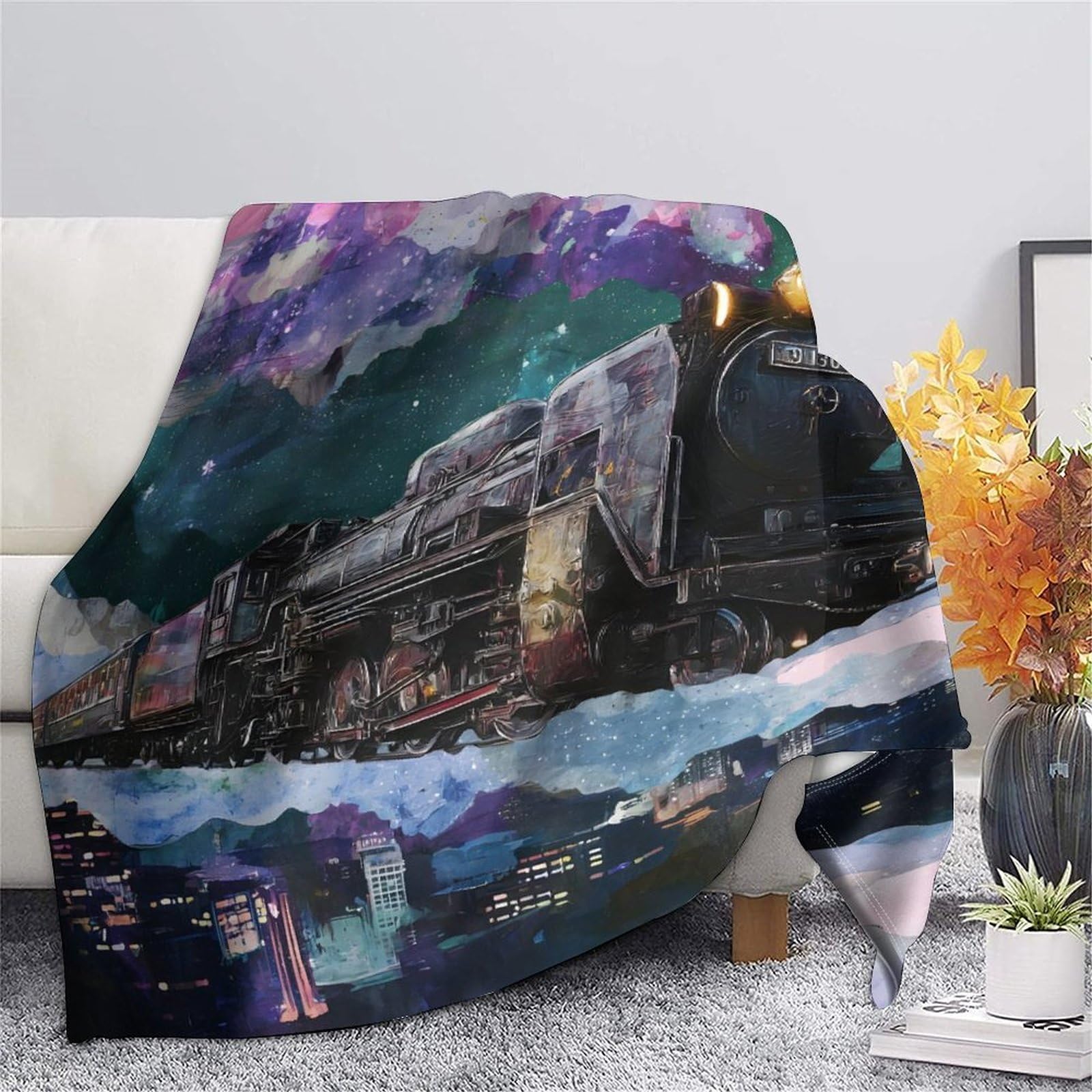 3D Gedruckte Sci-Fi Weltraum Galaxie Illustration Flanelldecke, Fliegende Dampflokomotive Weicher Plüsch Deko Decke Für Couch, 80x90inch(200x230cm)