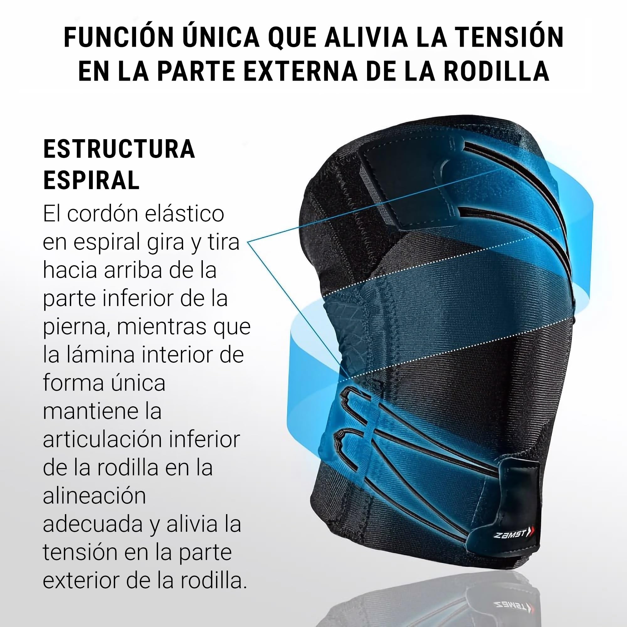 Zamst RK-1 Plus Rodillera Deportiva - Rodillera de Compresión para Hombres y Mujeres con Diseño Espiral Elástico para Dolor de Rodilla y Síndrome de Banda Iliotibial - Izquierda, L