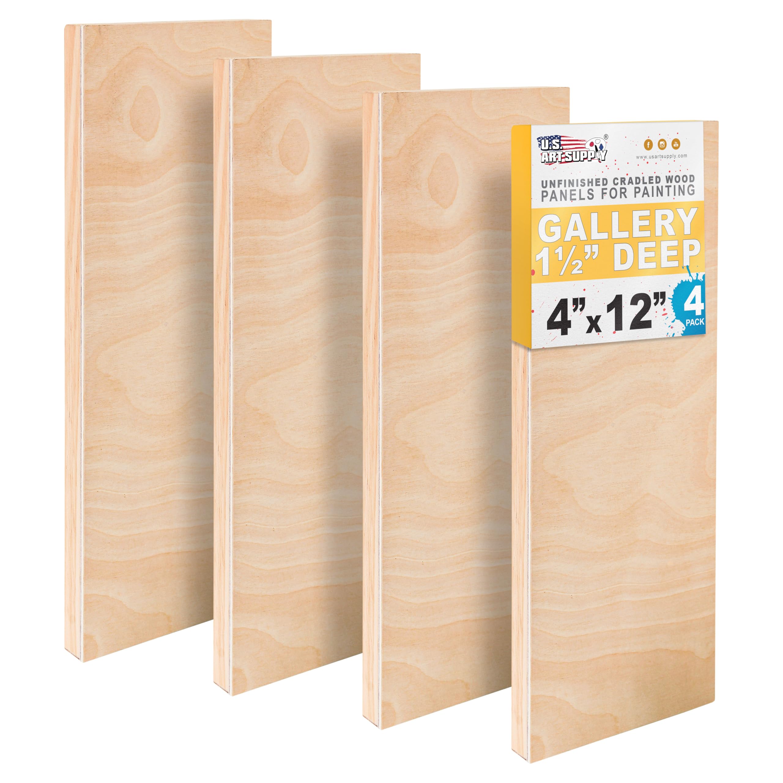 U.S. Art Supply 4" x 12" Unfinished Cradled Wood Panels for Painting, Gallery 1-1/2" Deep (4 Pack) - Artist Depth Wooden Wall Canvases - Mixed-Media Craft, Acrylic, Oil, Encaustic, Paint Pouring