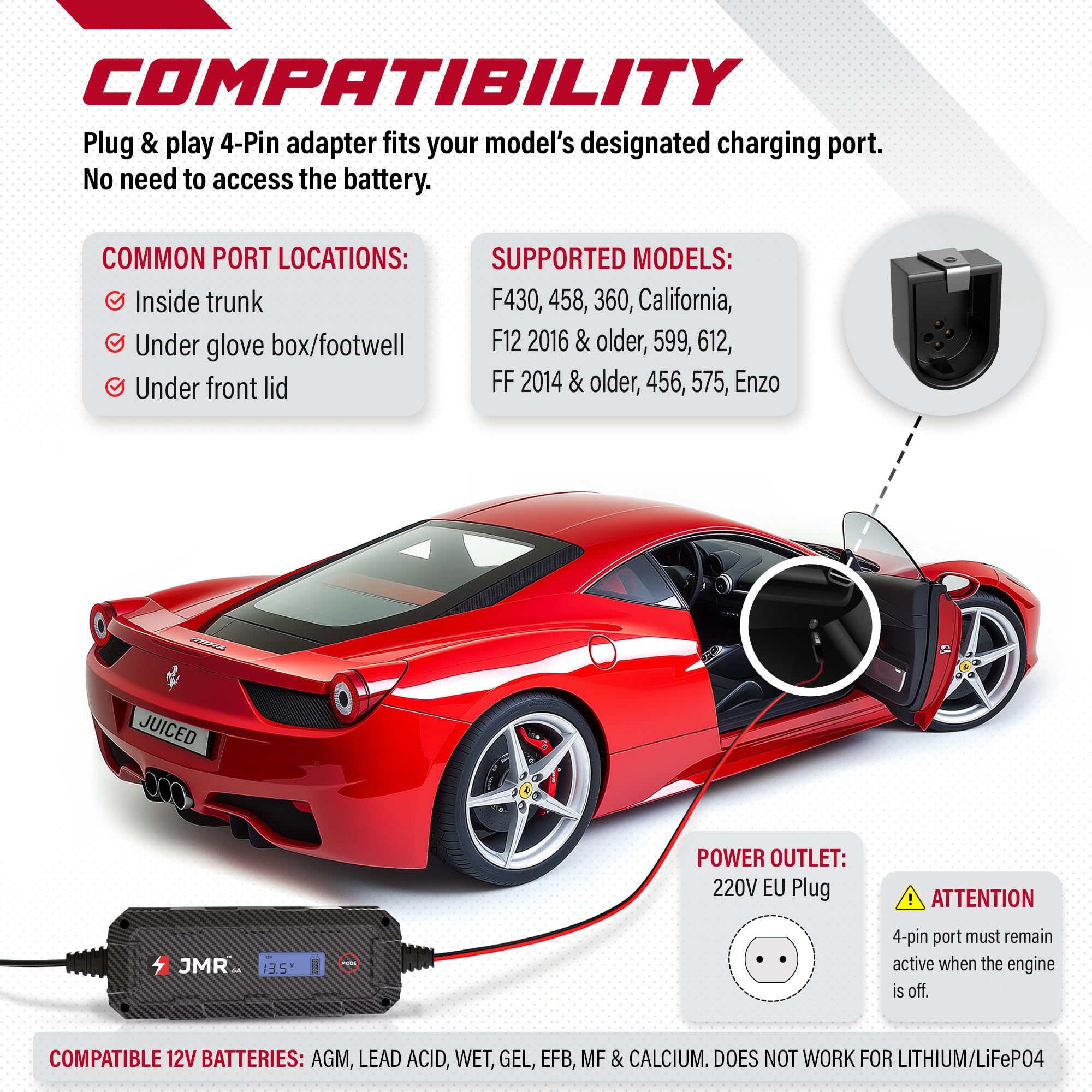 JMR Battery Charger for Ferrari 458 California F12 FF 599 612 F430 Trickle Charger Conditioner Maintainer (4-Pin Port, No Lithium Mode)
