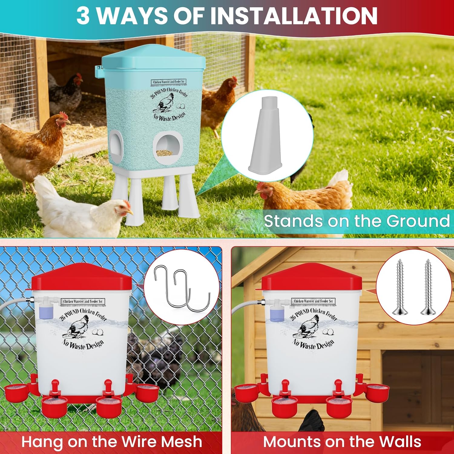 Automatic Chicken Feeder and Chicken Waterer Set with Float Valve, 3 Gallon Chick Feeder Coop Poultry Waterer with Nipples and Feeding Ports No Waste,Standing/Hanging Use, Chicken Coop Accessories