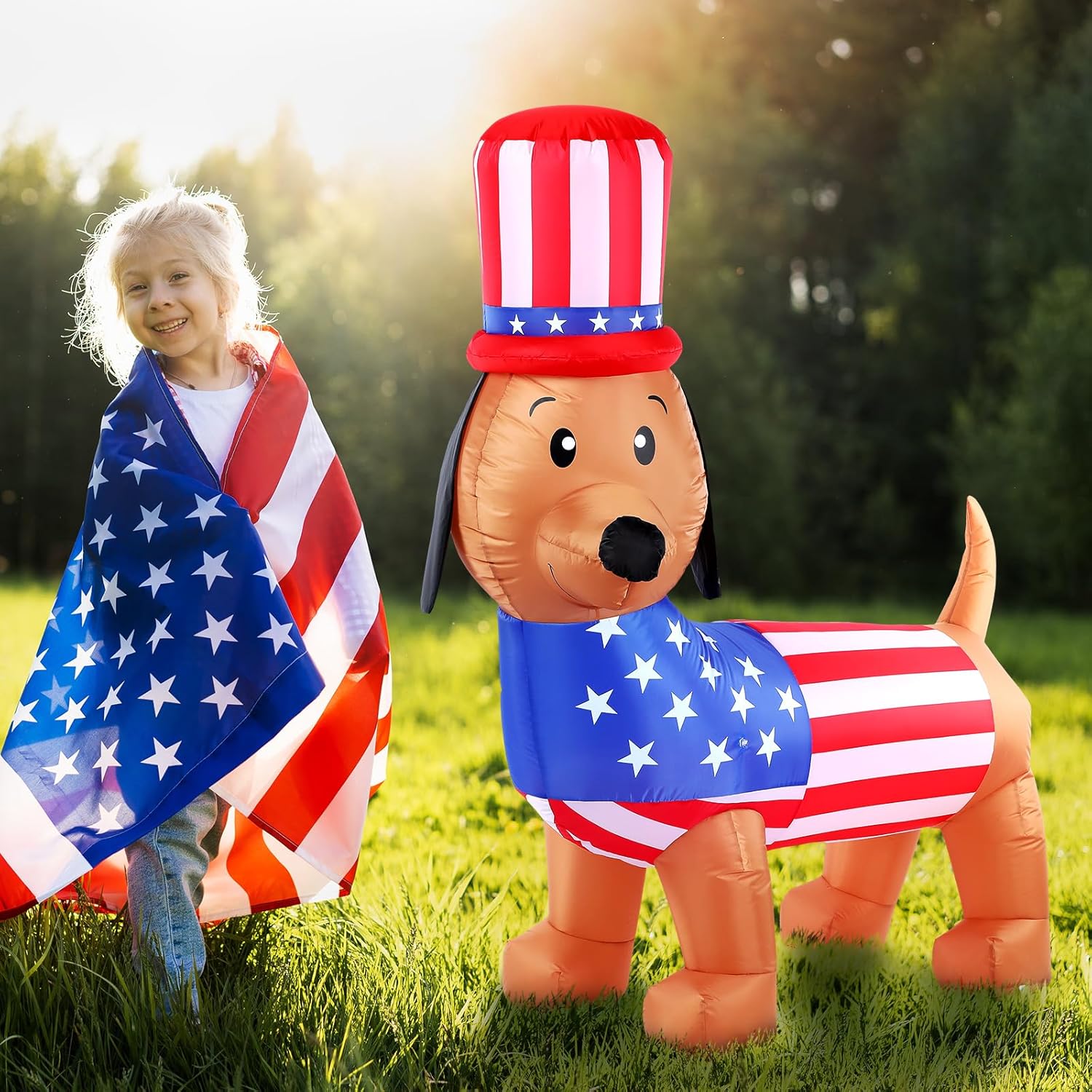 5ft 4th of July Inflatable Dachshund Patriotic Dog Inflatable Decorations Outdoor Blow Up Inflatables with Built in Lights for Independence Day 250 Anniversary Holiday Indoor Yard Garden