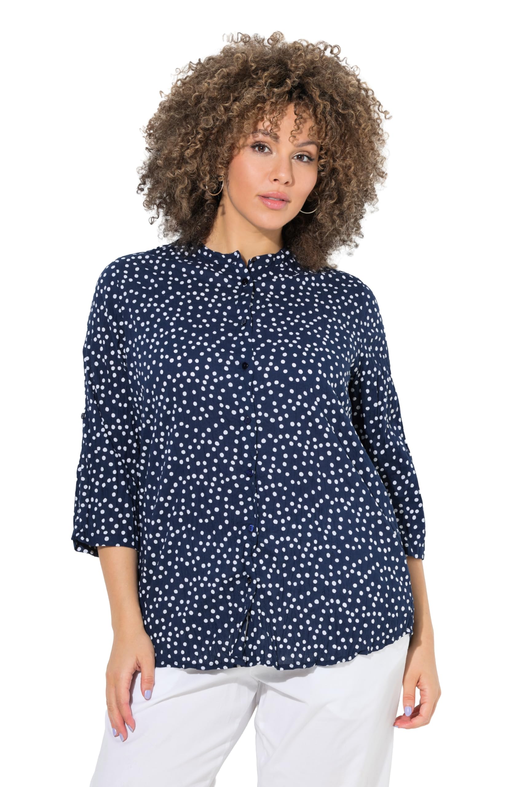 Ulla Popken Damen große Größen Übergrößen Plus Size Bluse, Crash-Optik, Punkte, Stehkragen, 3/4-Arm 846899