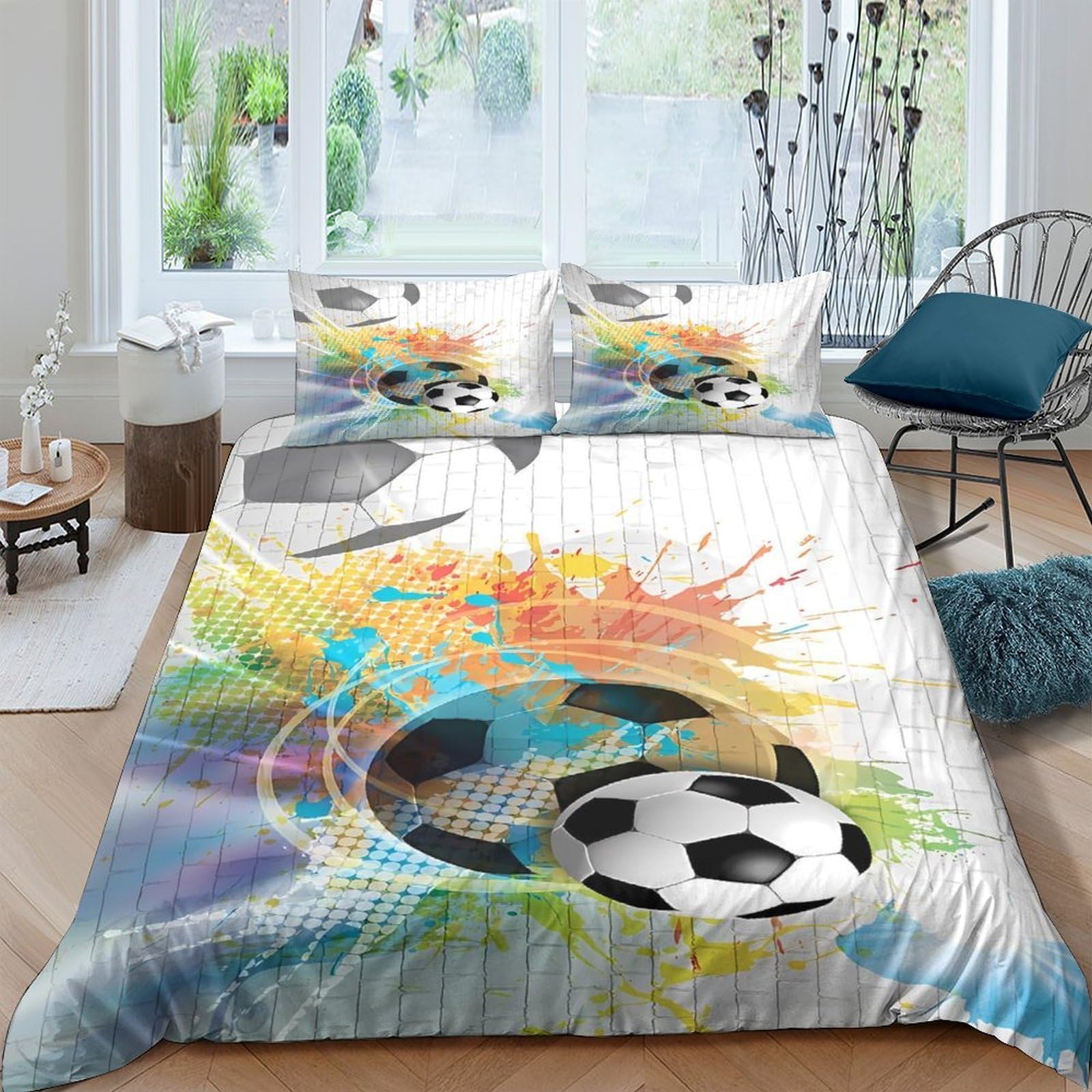 Ctjqhvkz Style-2 3D Printed Splash Soccer Fitted Sheet Microfiber Vibrant Football Mattress Cover For Bedroom Decor Easy Care Single（135X200cm）
