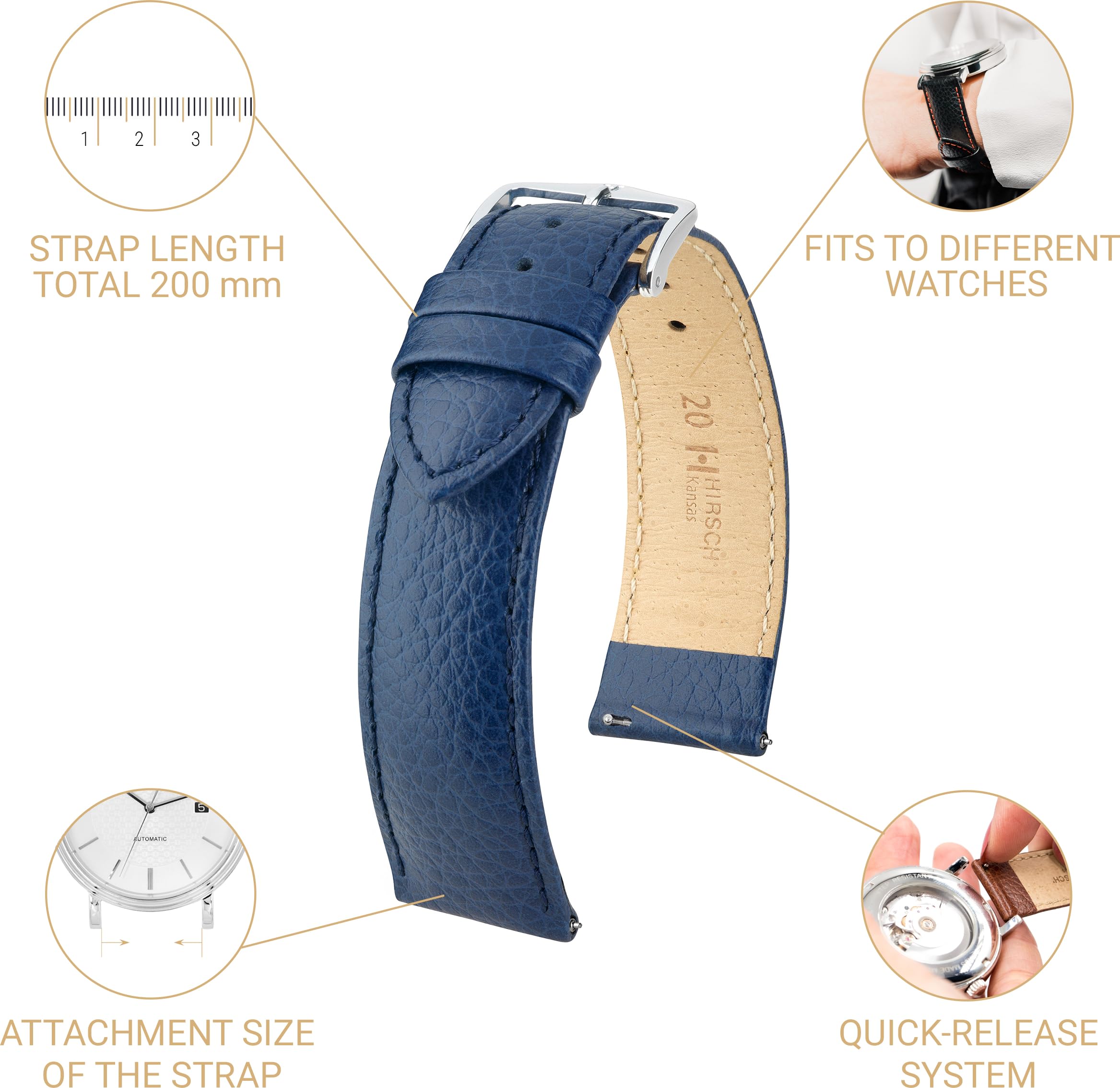 HIRSCH Cinturino Kansas M - vera pelle di vitello - stampa a bufalo - uomo/donna - blu - 16 m
