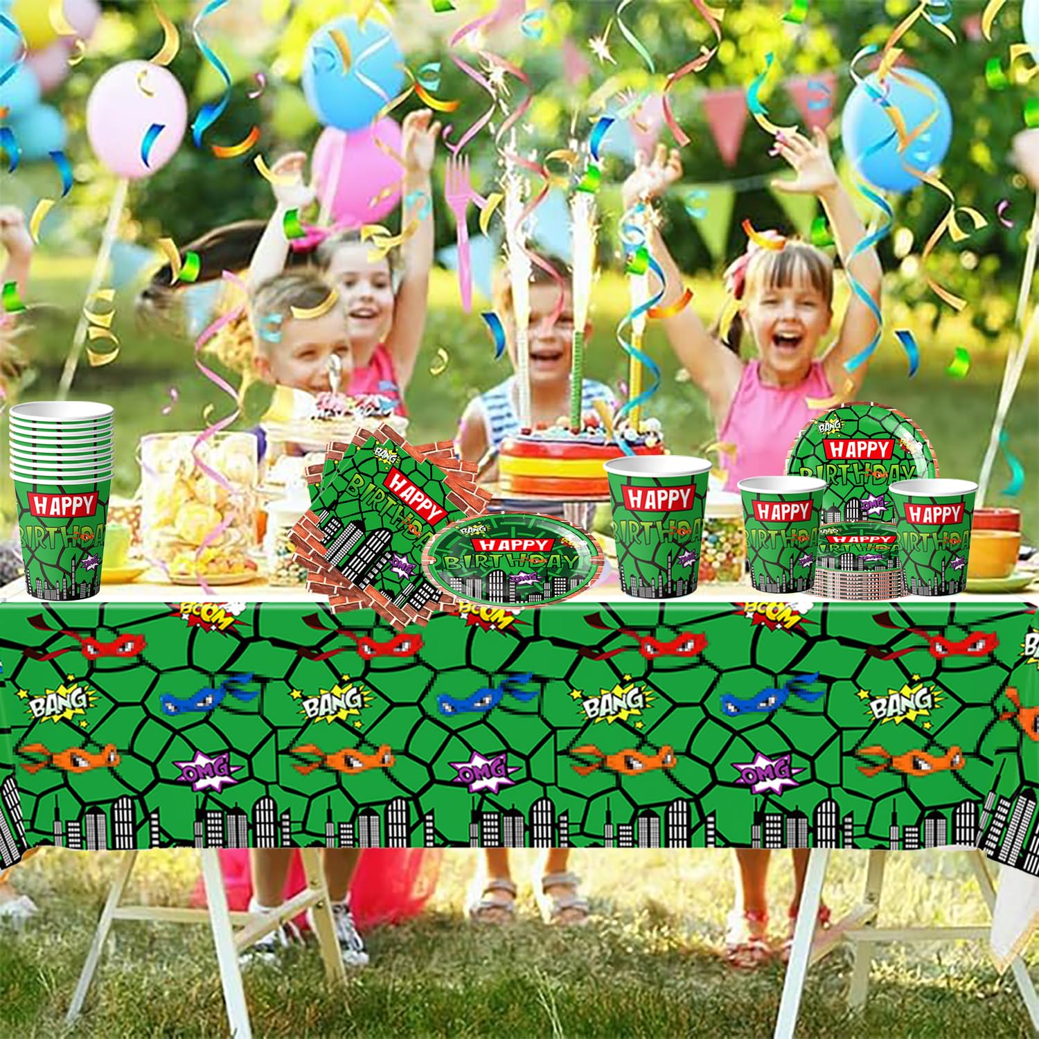61 pezzi Set di stoviglie per feste di compleanno per bambini Green Turtle, festa di compleanno per bambini Superhero Turtle Shell, tazze, piatti, tovaglioli, tovaglia, adatto per 20 ospiti