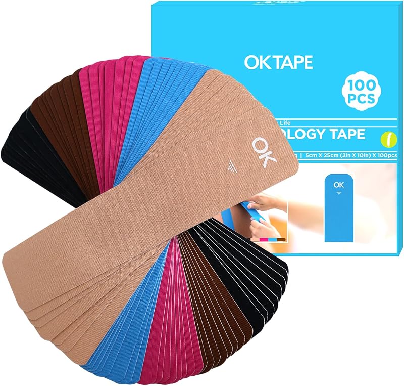 100Pcs Precut Kinesiology Tape Strips, Elastic Athletic Tape | for Joints Support & Muscle Pain Relief, Waterproof, Kinetic Tape for Shoulder, Knee, Ankle (5 Colors, 2" x 10")