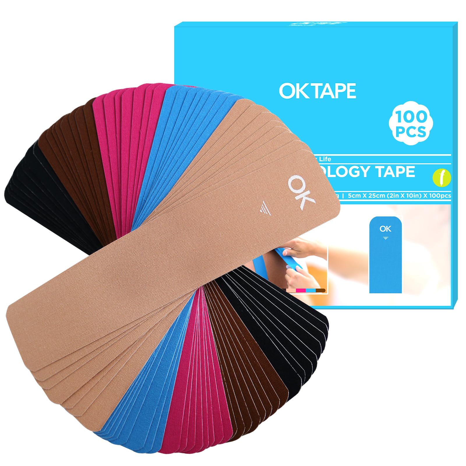 OK TAPE 100Pcs Precut Kinesiology Tape Strips Elastic Athletic Tape for Joints Support Muscle Pain Relief Waterproof Kinetic
