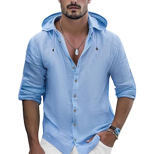 Mens Linen Shirts Casual Button Down Shirts Long Sleeve Roll-Up Sleeve Summer Beach Shirts Tops with Hood