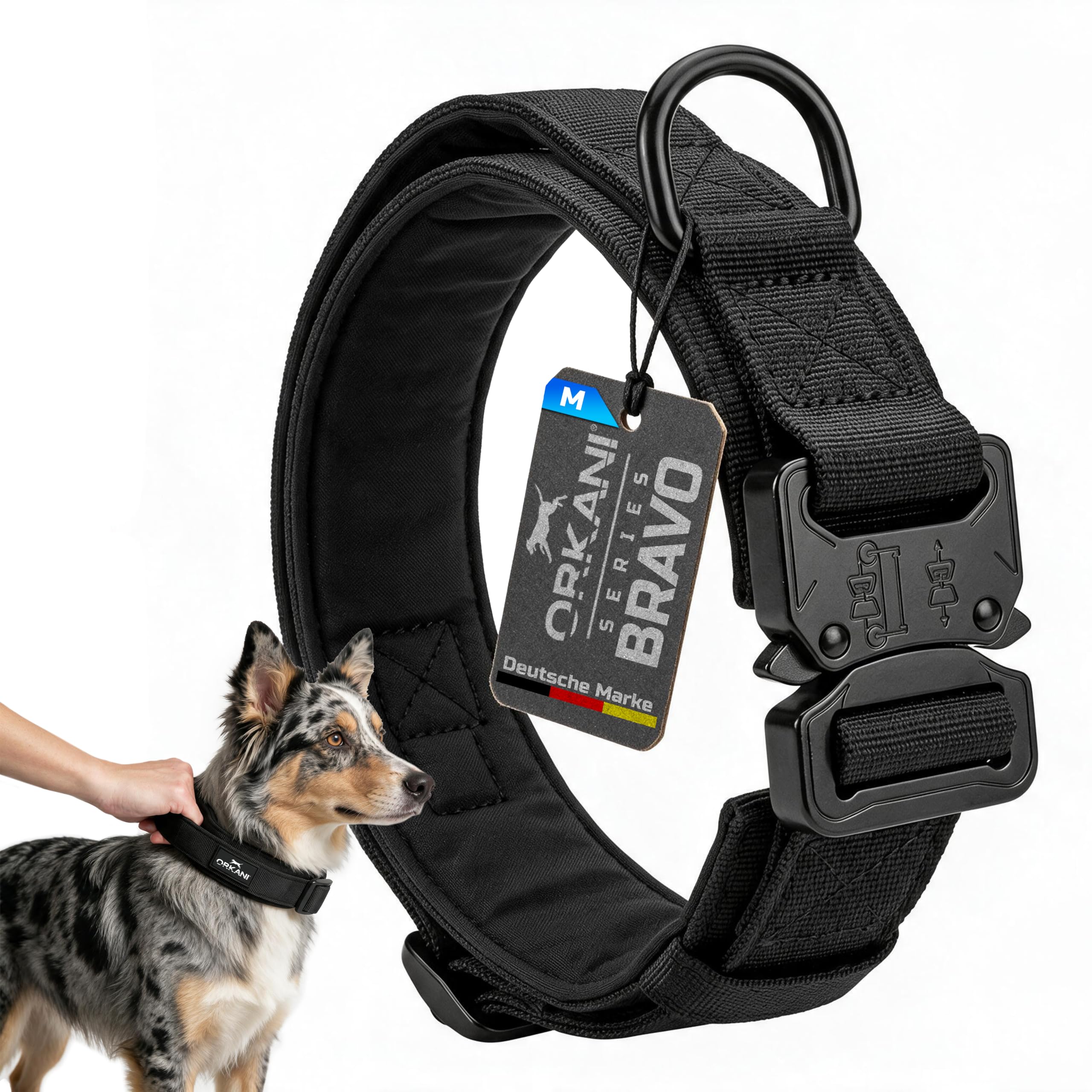 Bravo Collare per cani, collare di alta qualità con fibbia in metallo e manico, imbottito e largo, per cani di taglia media e grande (M)