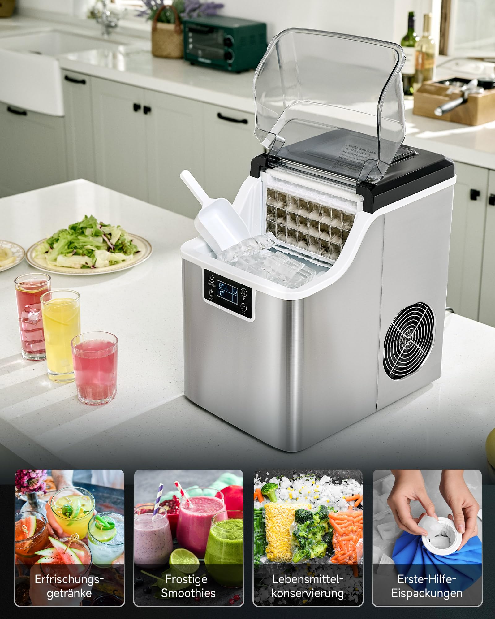 CO-Z Eiswürfelmaschine 22kg/24h, Edelstahl Eiswürfelbereiter mit Selbstreinigung, 24 Würfel in 11-20 Min, LCD-Display Eismaschine für Zuhause, Büro, Bar und Gastronomie