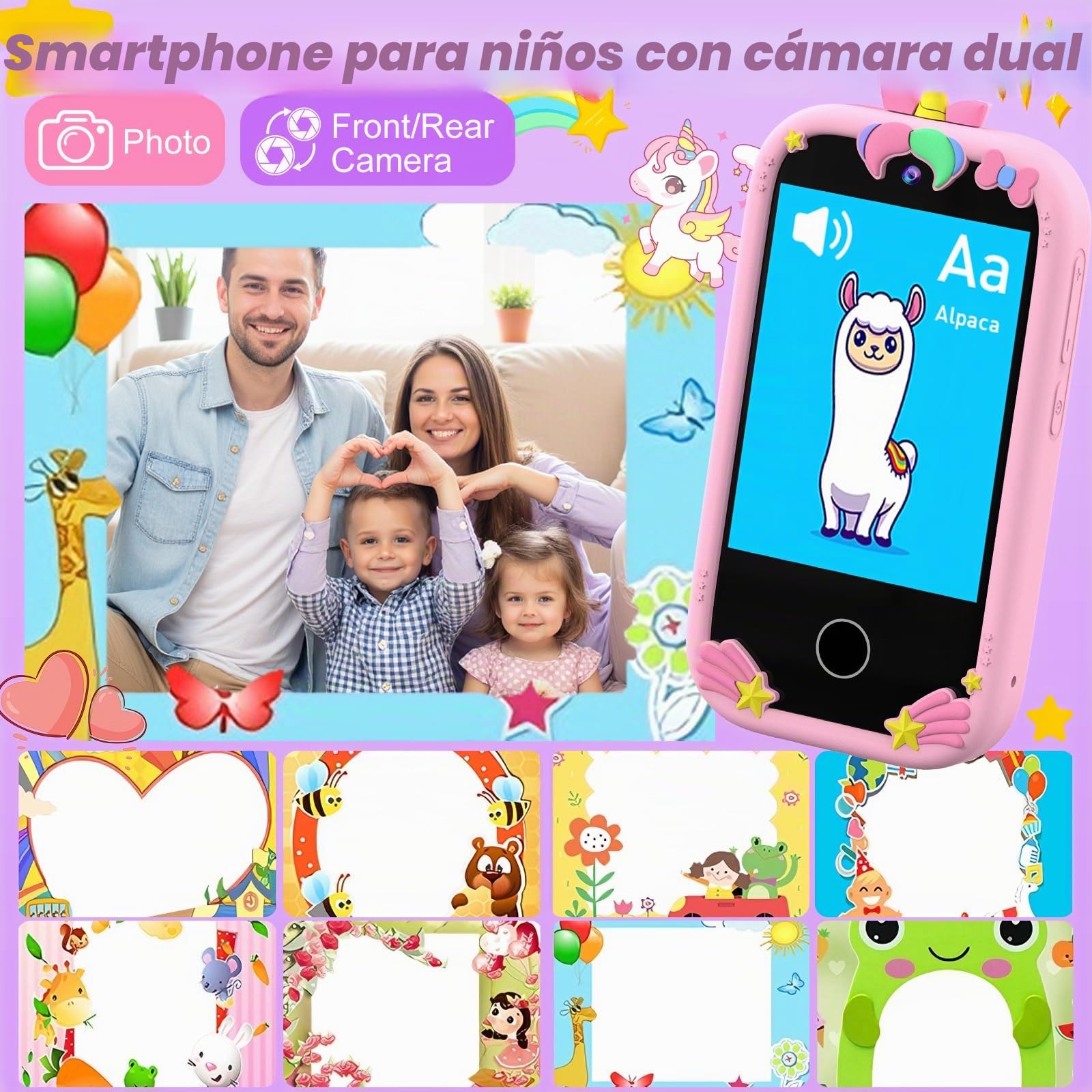 Smartphone Niños, Teléfono Móvil para Niños con Doble Cámara, Pantalla táctil de 2,8 Pulgadas, Música y Juegos, Tarjeta SD de 32 GB, Cumpleaños para Niñas y Niños de 3-10 Años