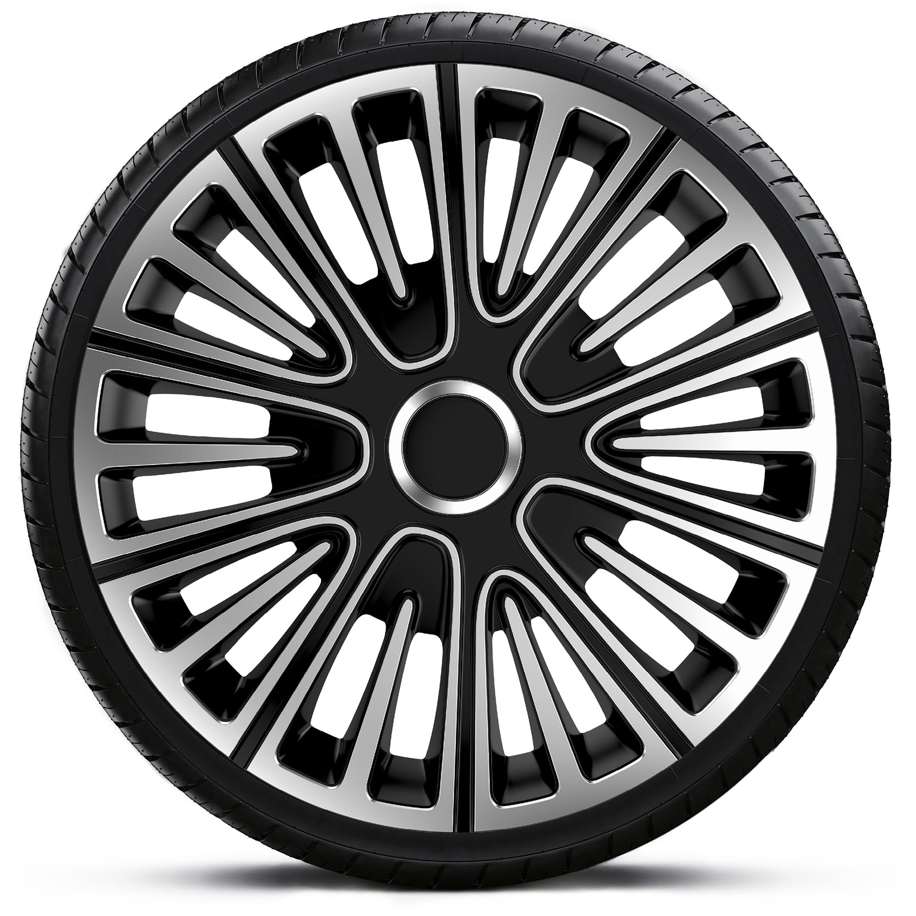 Set 4 Copricerchi Auto 15 pollici Argento & Nero Bicolore - Anello Metallico Regolabile - ABS Resistente Universali