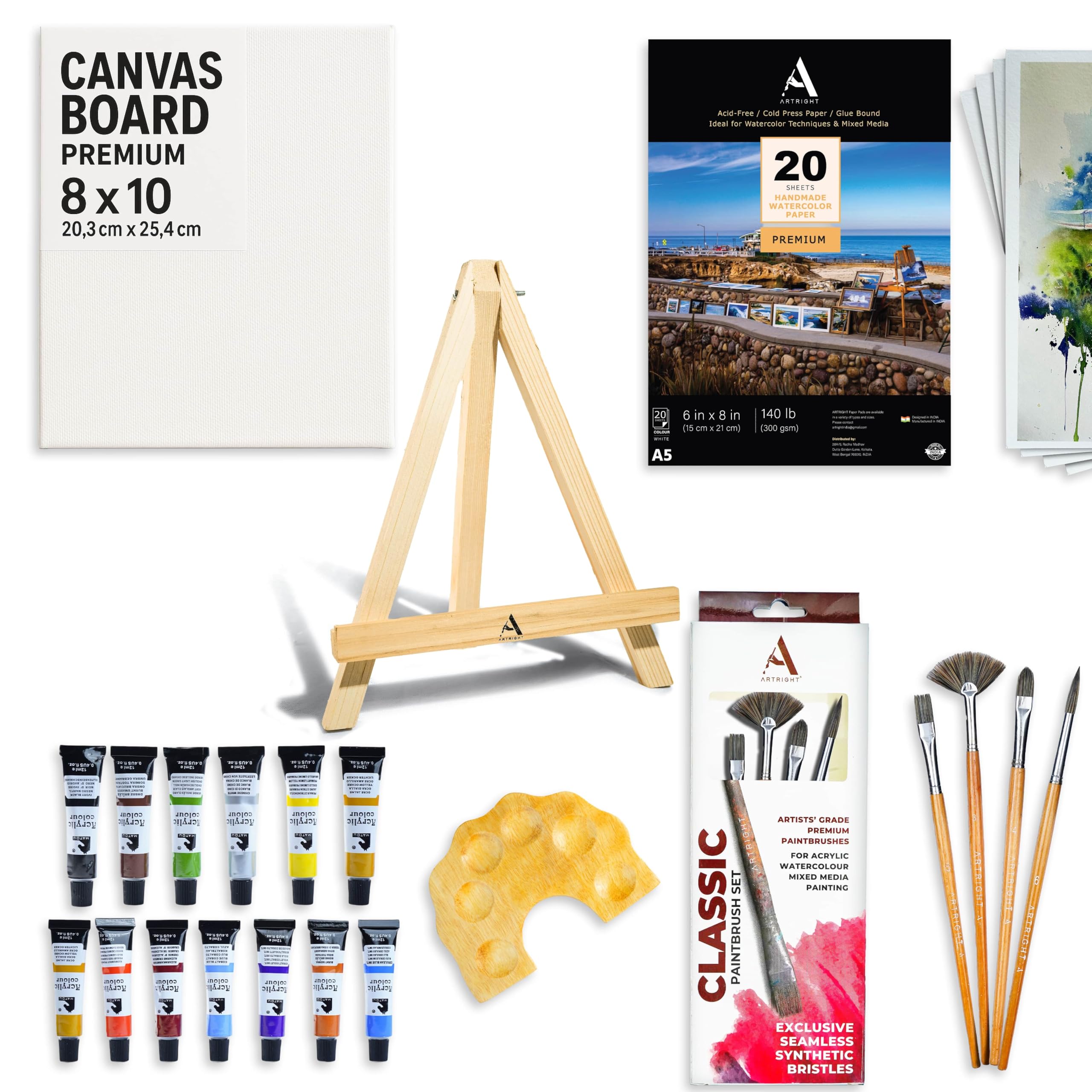 ArtRight 39 Pcs Painting Kit for Beginners & Kids with 4 Paint Brushes - Mini Wooden Easel with Canvas - 20 A5 Watercolor Papers - Mini Painting Palette - Artists Color Set of 12