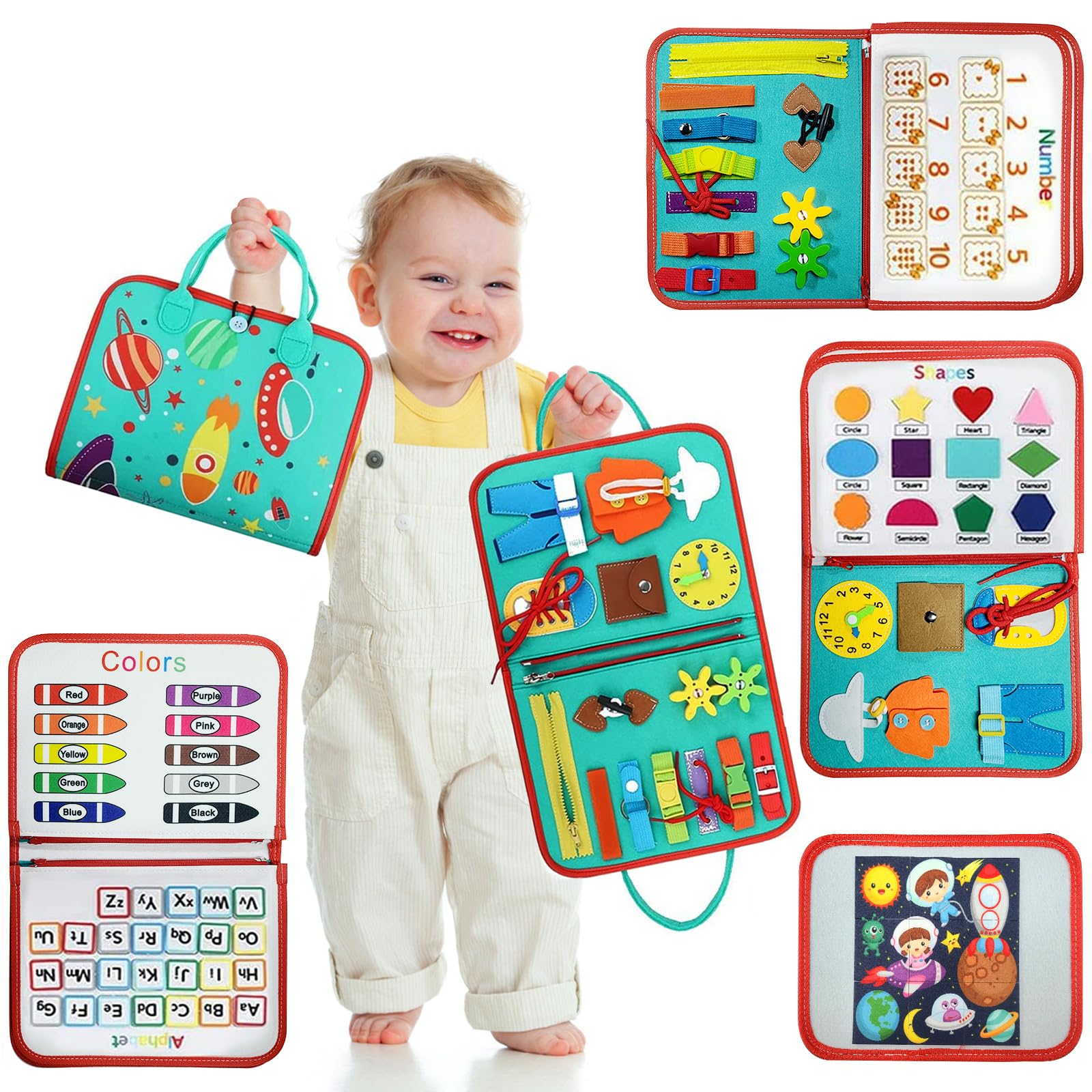 NUOLAN Toddler Busy Board Sensory Board with Buckles Montessori Travel Toys Gifts for 3+ Year Old Boys Girls Educational Activities for Learning Fine Motor Skills for Toddler(BB-Outer Space-AE)