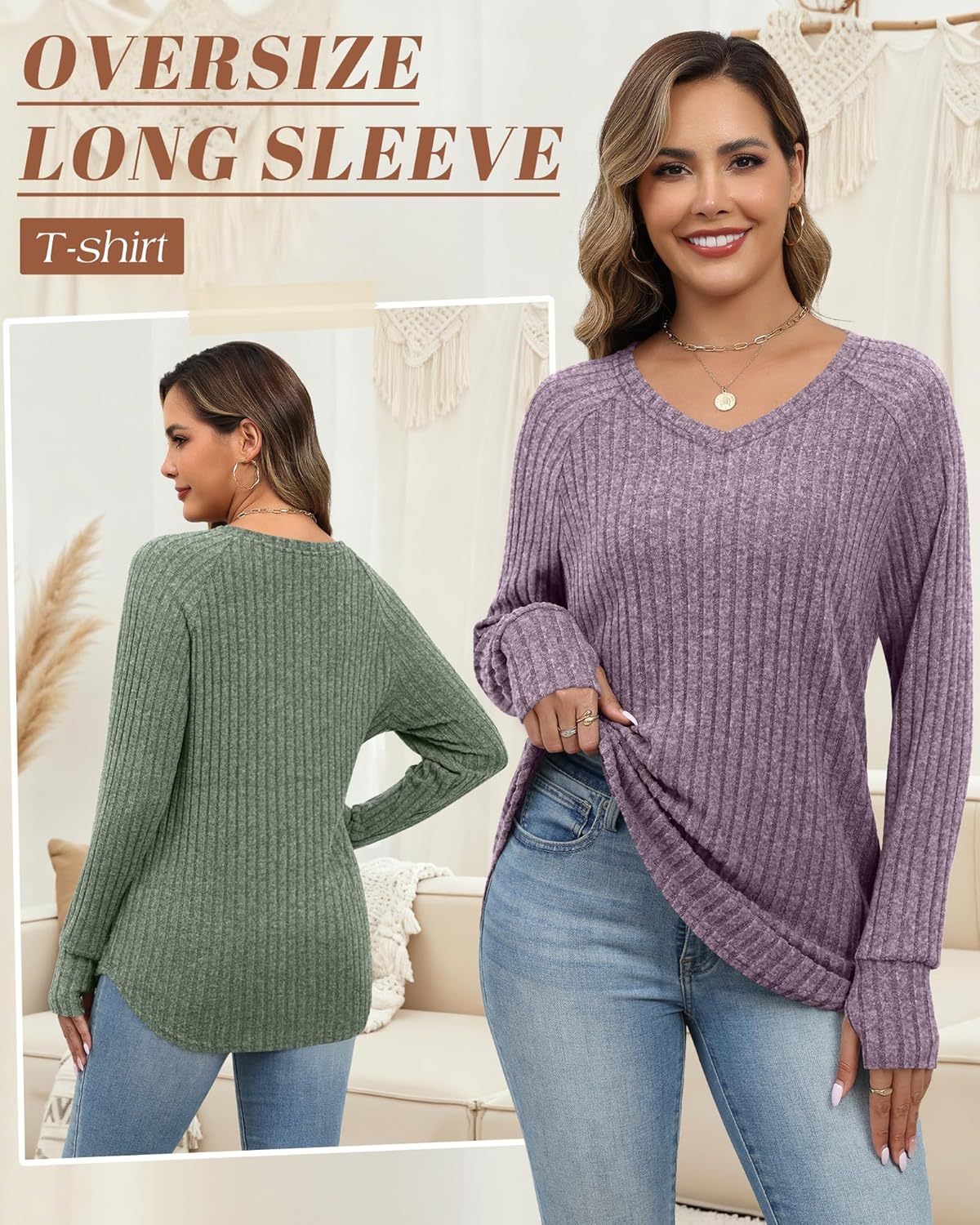 3 Pack Women's Long Sleeve Sweaters with Thumb Hole, Ribbed V Neck Loose Tunic Tops Curved Hem Side Split Shirts - Image 3