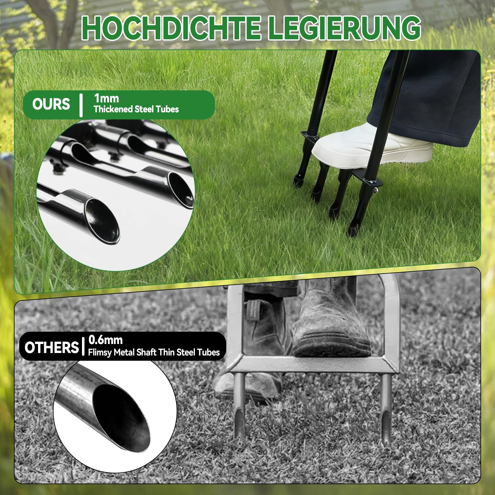 CDIYTOOL Aireador de césped, aireador de césped de jardinería para cuidado del césped y suelo compactado, 4 puntas, resistente, mango largo, tapón manual de suelo de jardín con herramienta de limpieza