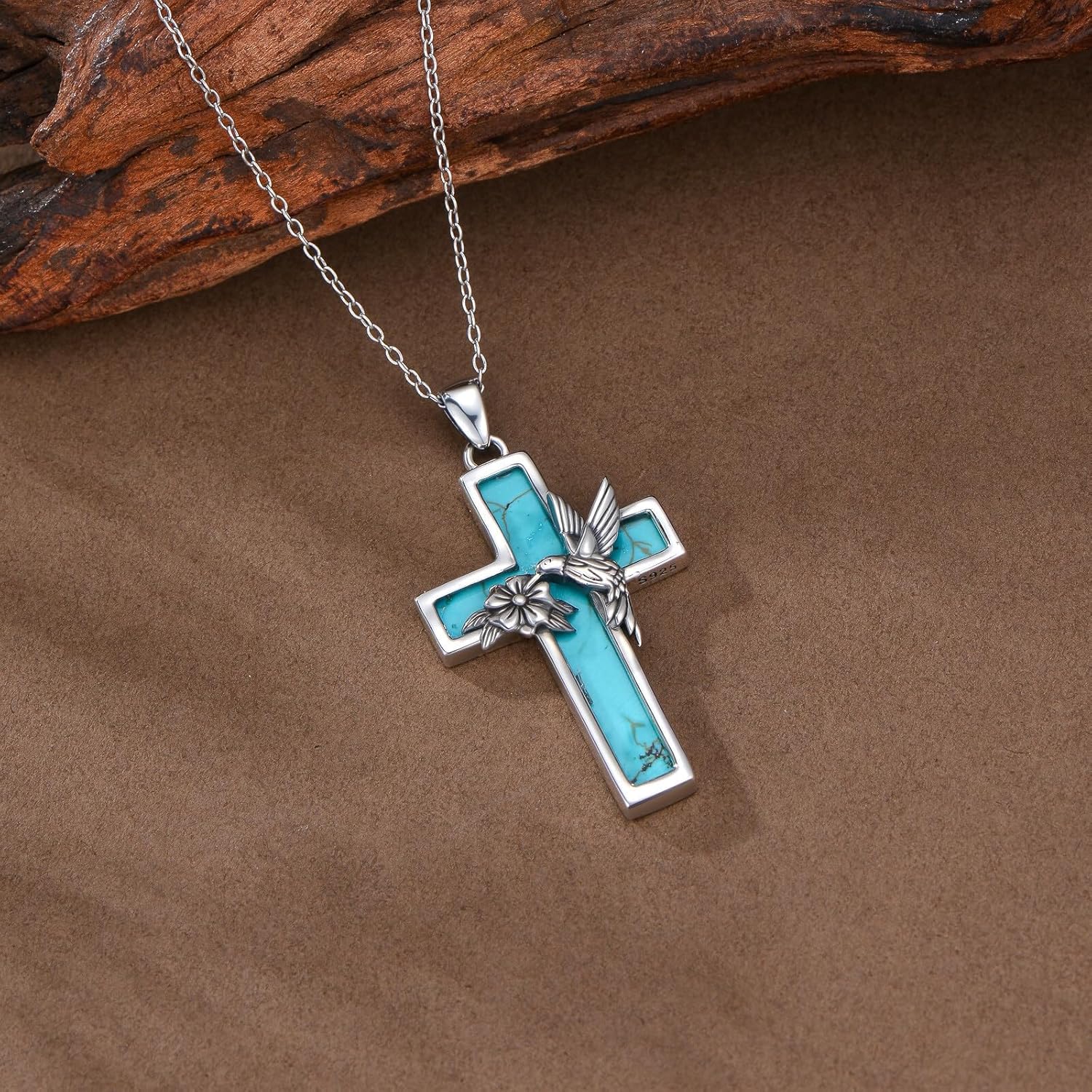 Hummingbird Cross Necklace 925 Sterling Silver Real Turquoise Cross Hummingbird Pendant Jewelry Gifts for Women - Image 2