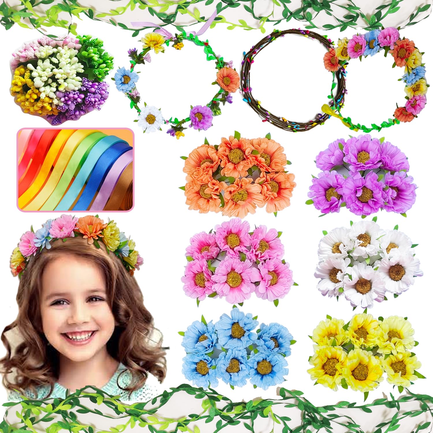 WUBOMJIO Make Your Own Flower Crown Crafting Kit(Daisy Theme)| 120+Piece Set for Endless Creativity | Gift for Creative Girls Age 6-10+