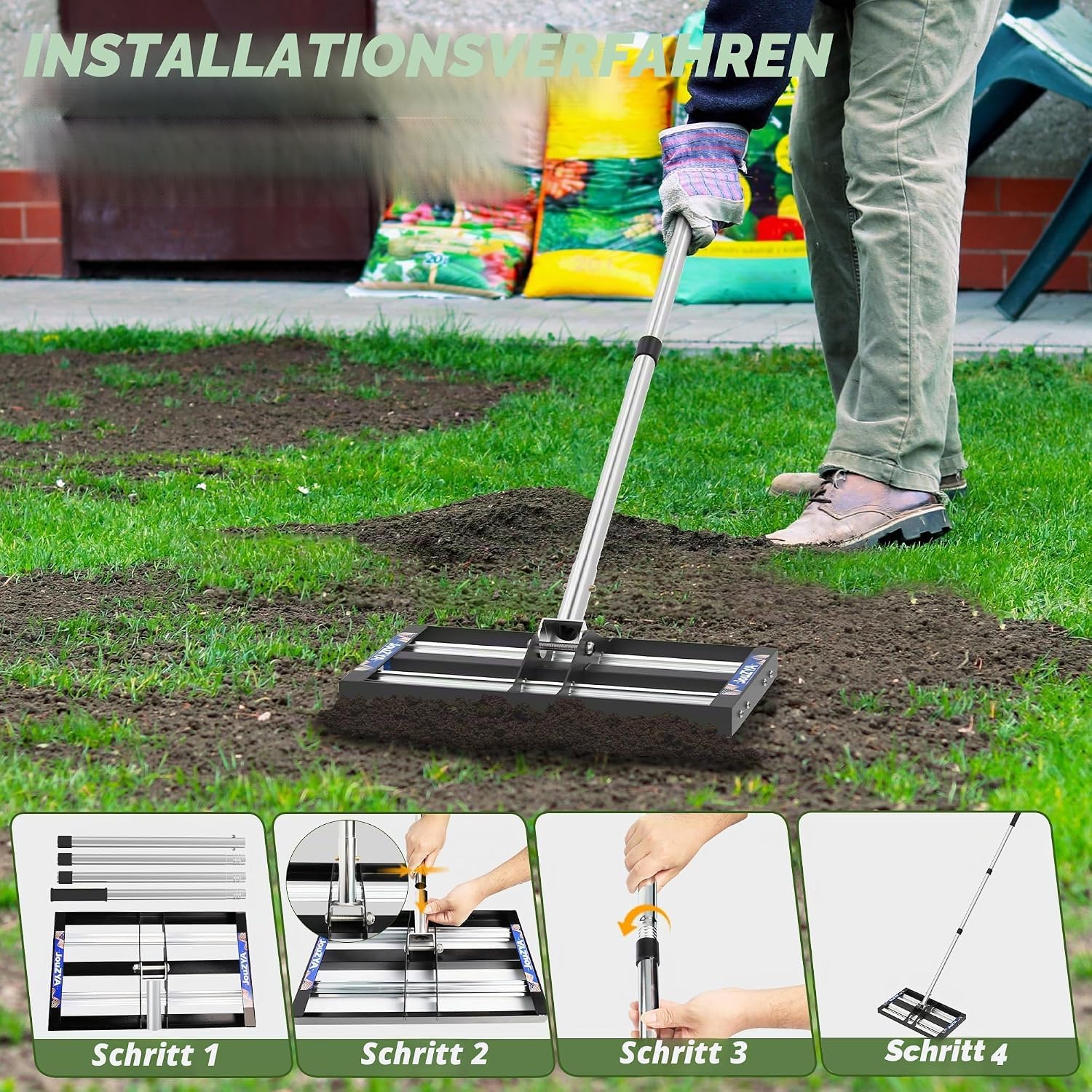 Rasen-Nivellierrechen Edelstahl mit Alurolle | Lawn Leveling Rake with Stainless Steel Head & Adjustable Handle for Lawn Care, Soil Sand Leveling, 76,2 cm