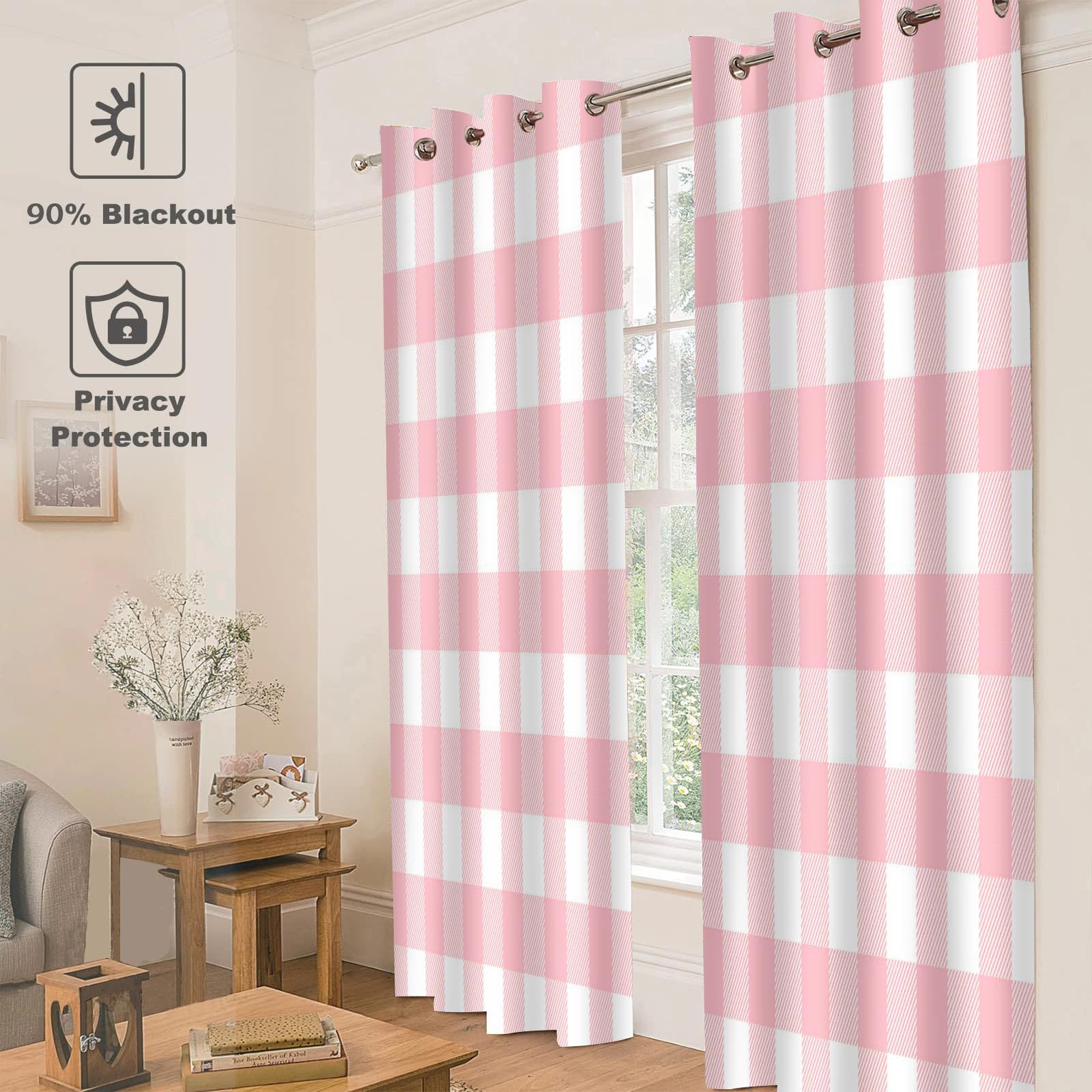ピンク柄カーテン Amazon｜寝室用ピンクバッファローチェックウィンドウカーテン 美的